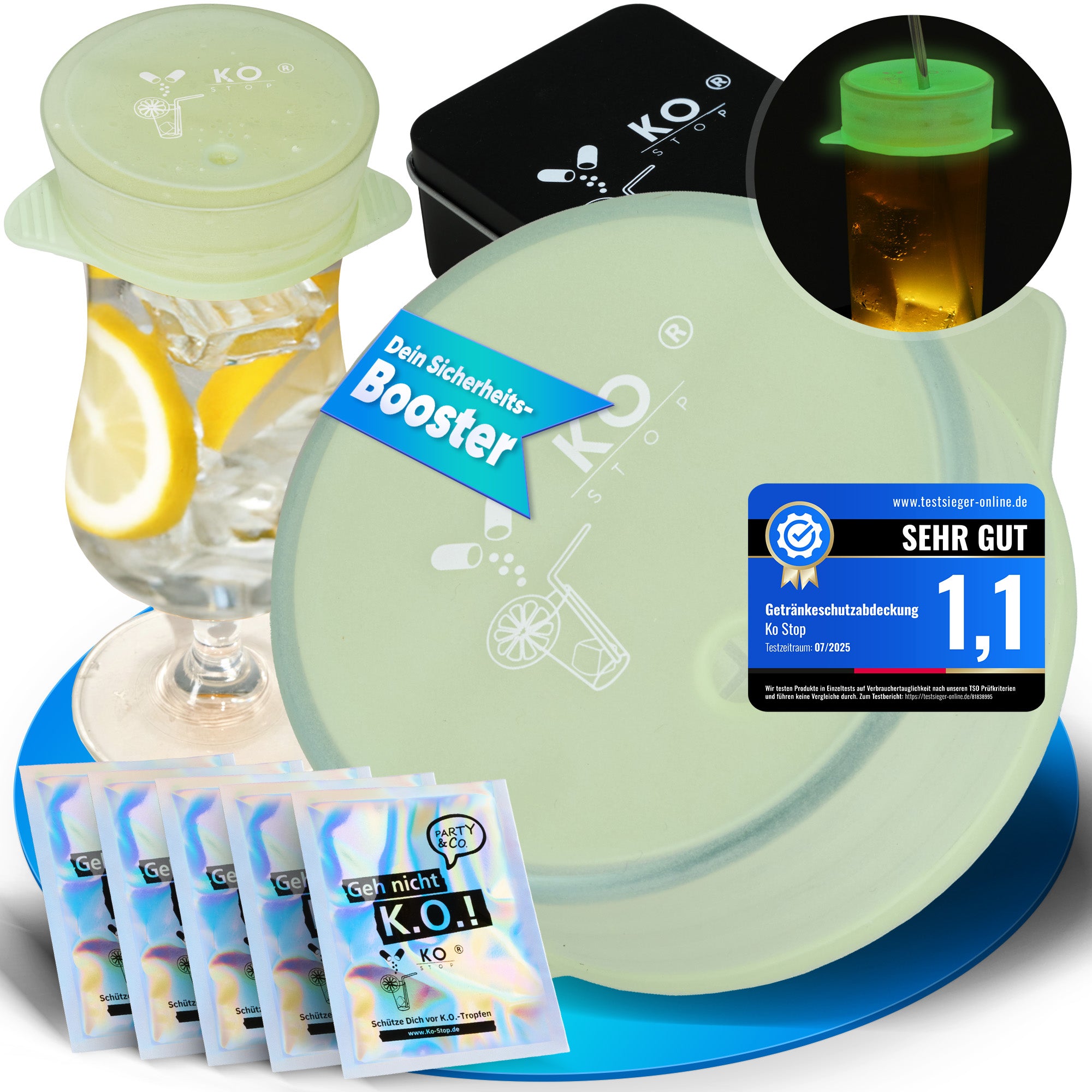 Ko Stop Getränkeschutzdeckel 5er-Pack aus Silikon – sicherer Schutz gegen
Ko Tropfen, Insekten und Manipulation im Glas, mit Aufbewahrungsbox