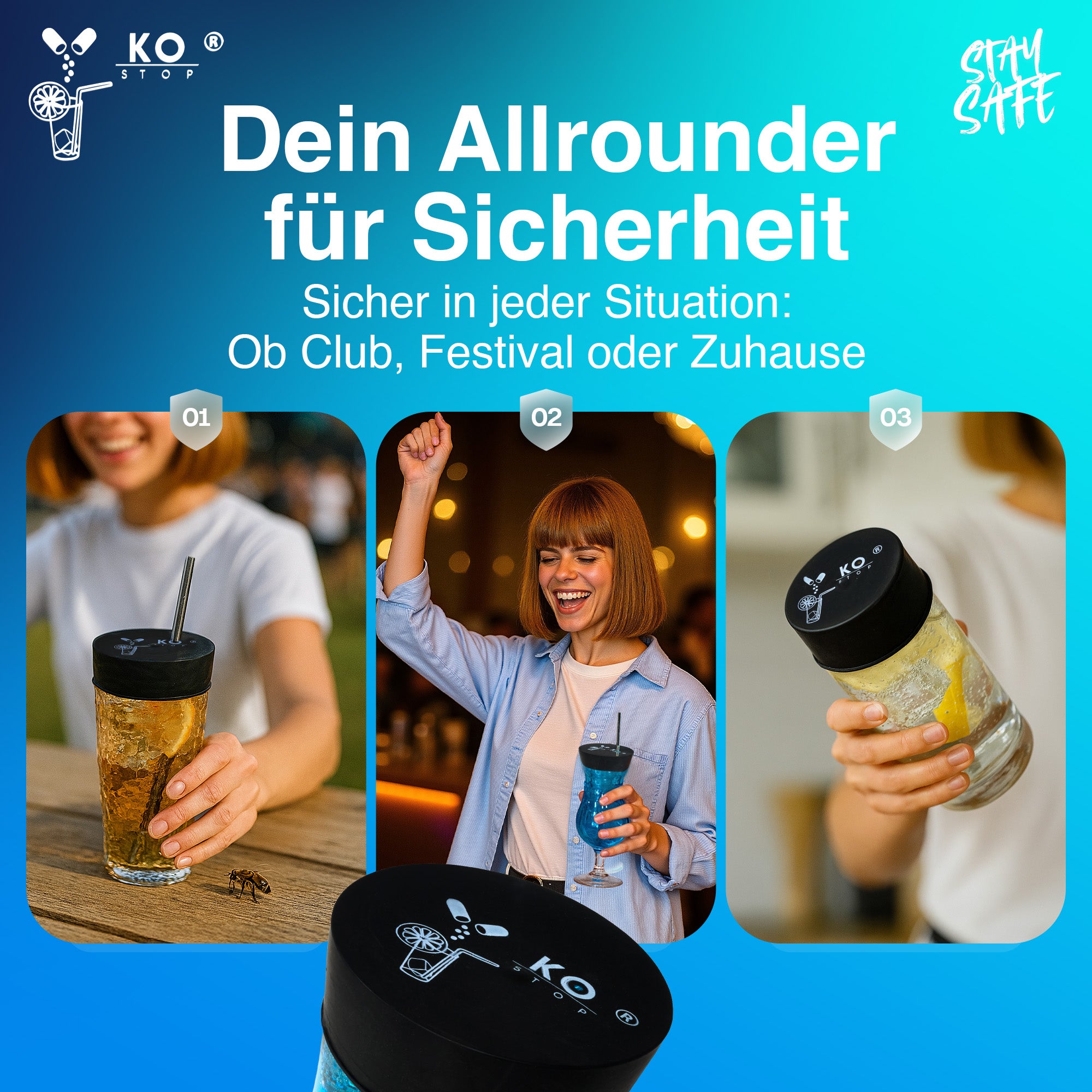 Universal Getränkeschutzdeckel KO-Stop – sicher auf Festivals, Partys, im
Club oder zuhause gegen K.O.-Tropfen und Insekten