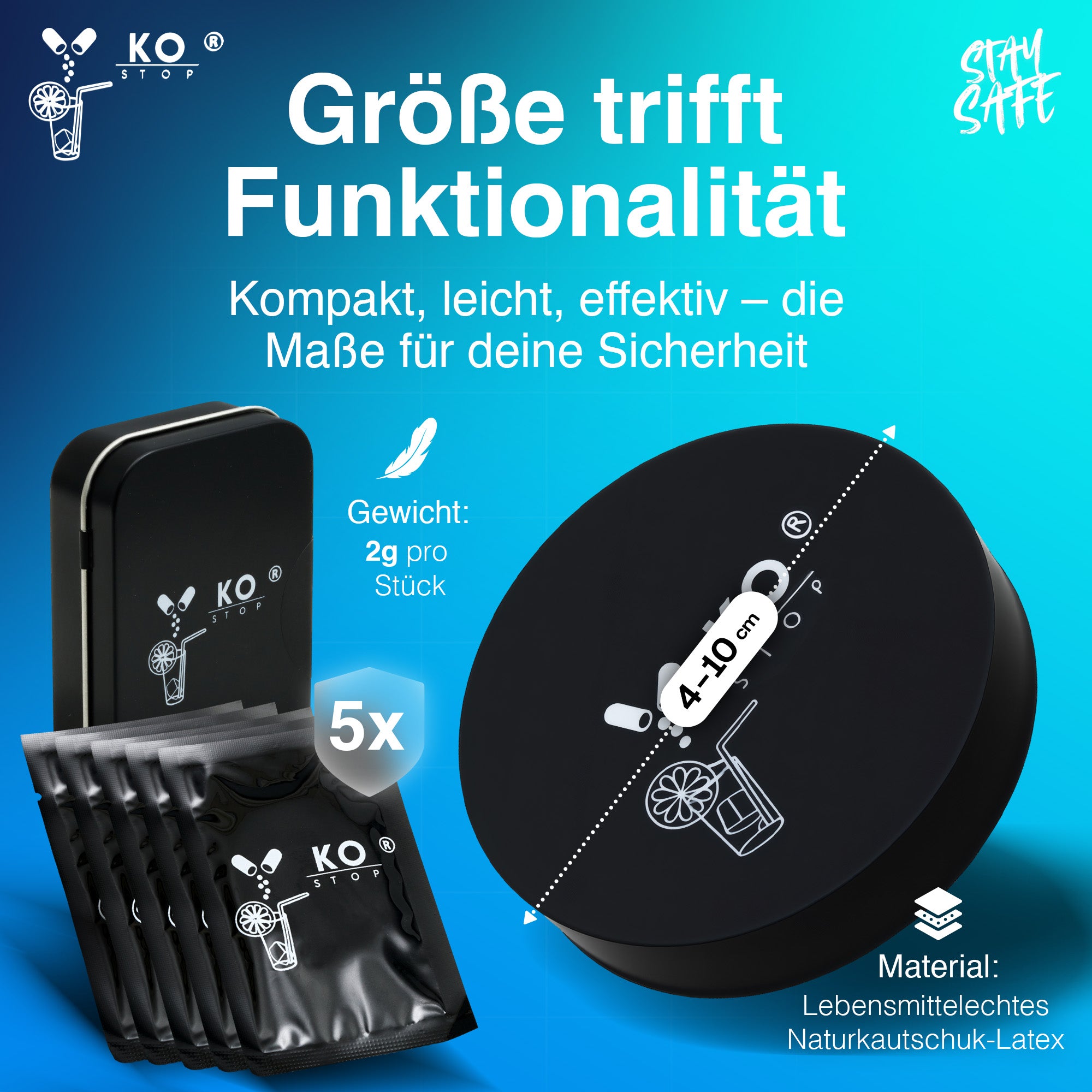 Kompakte Getränkeabdeckung von KO-Stop – 4,1 cm Durchmesser, 2 g leicht,
lebensmittelechtes Naturkautschuk-Latex Material