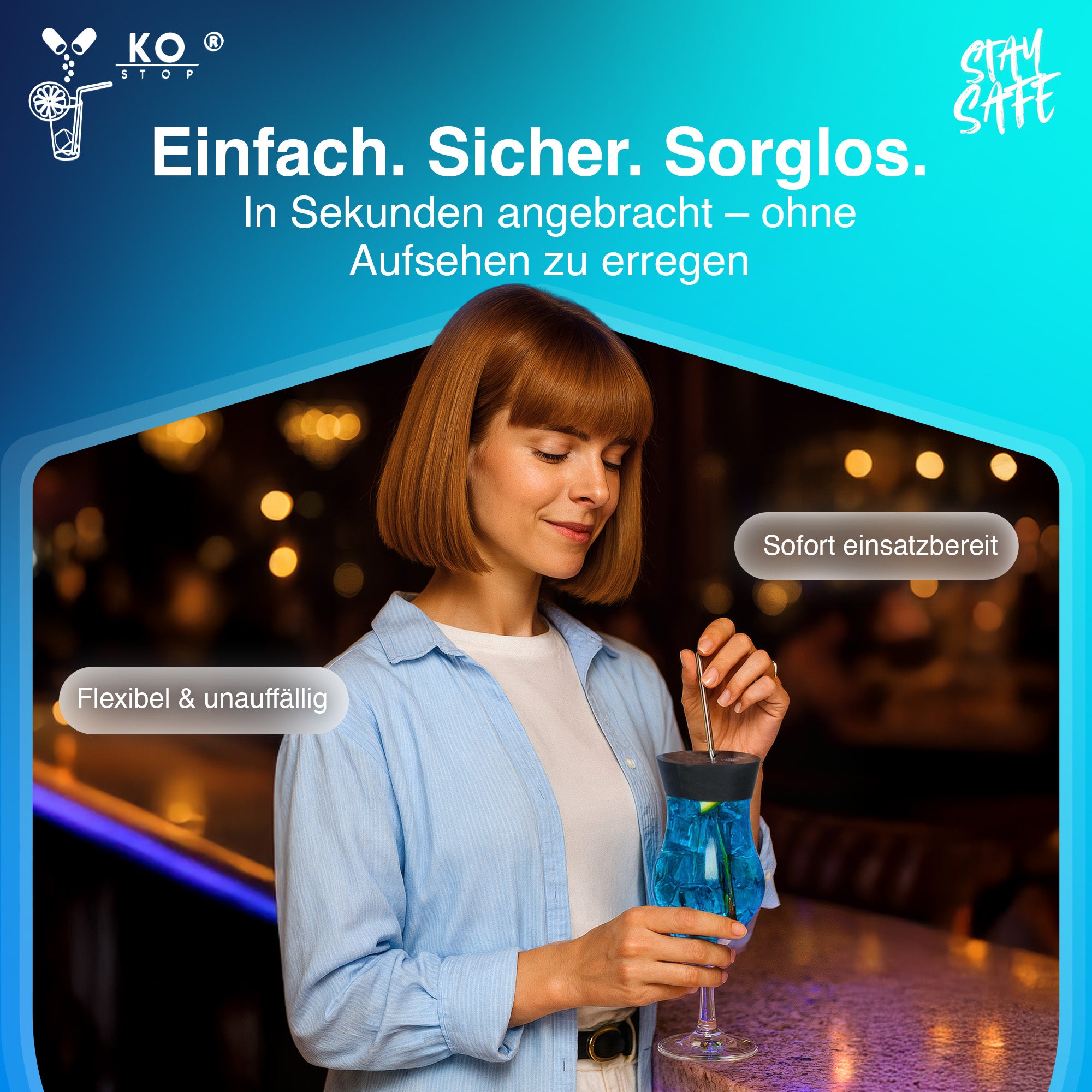 Sichere Getränkeabdeckung im Einsatz – unauffälliger KO-Tropfen
Schutzdeckel für Cocktails und Drinks im Club oder in der Bar