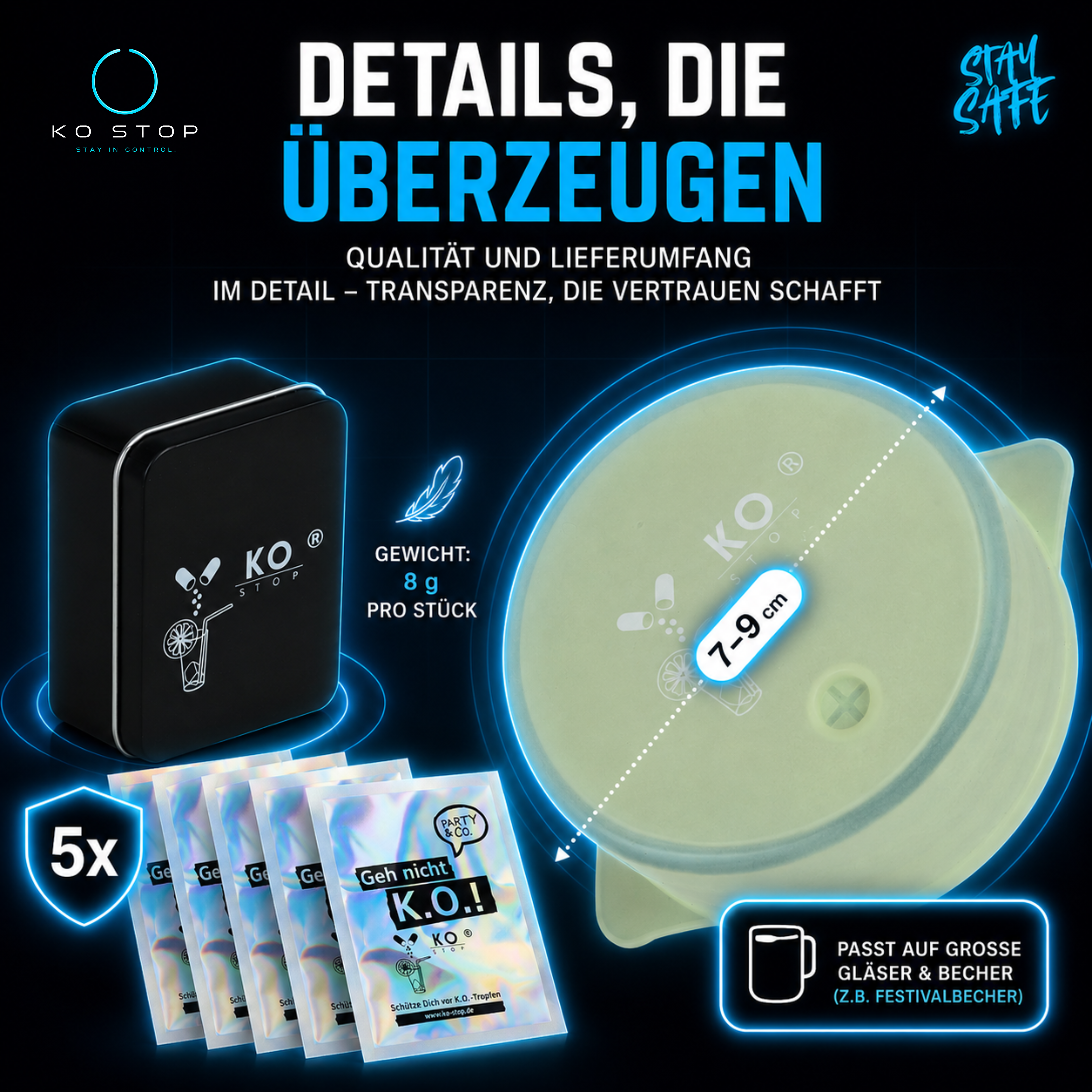 KO STOP® Glow Getränkeschutz 7–9 cm passend für große Gläser und Festivalbecher