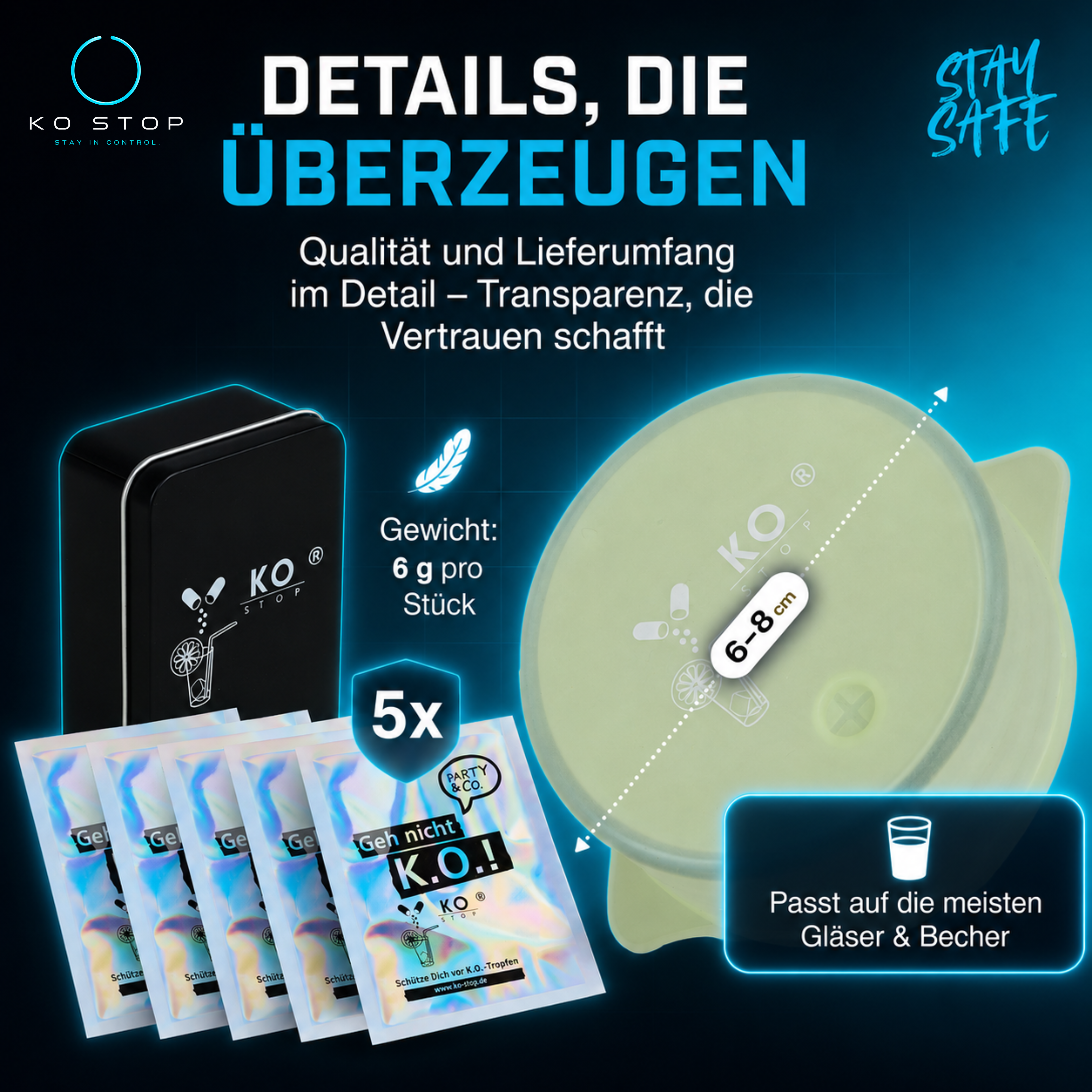 KO STOP® Glow Drink Cover 6–8 cm passend für die meisten Gläser und Becher