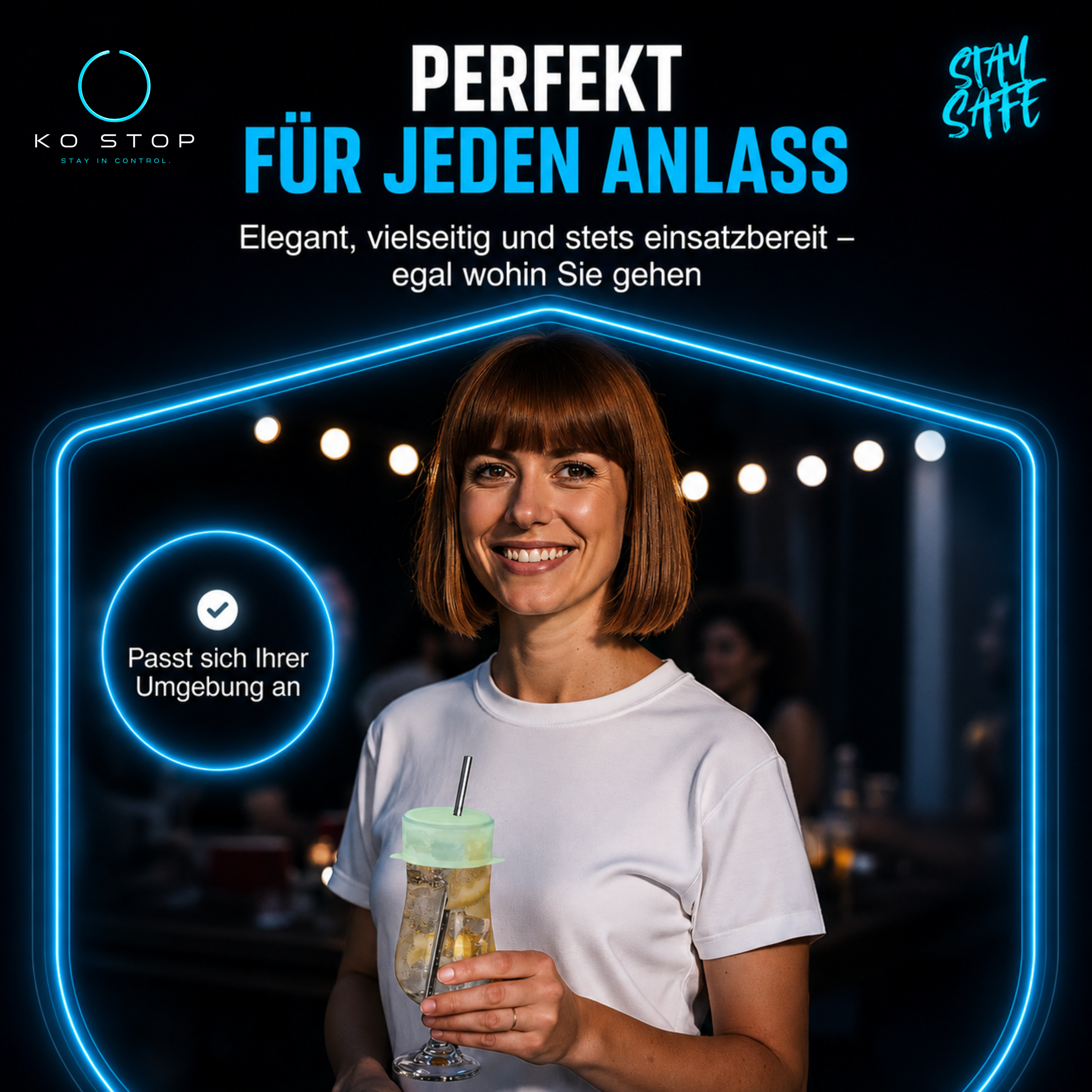 KO STOP® fluoreszierender Getränkeschutz für Festival, Outdoor und Alltag