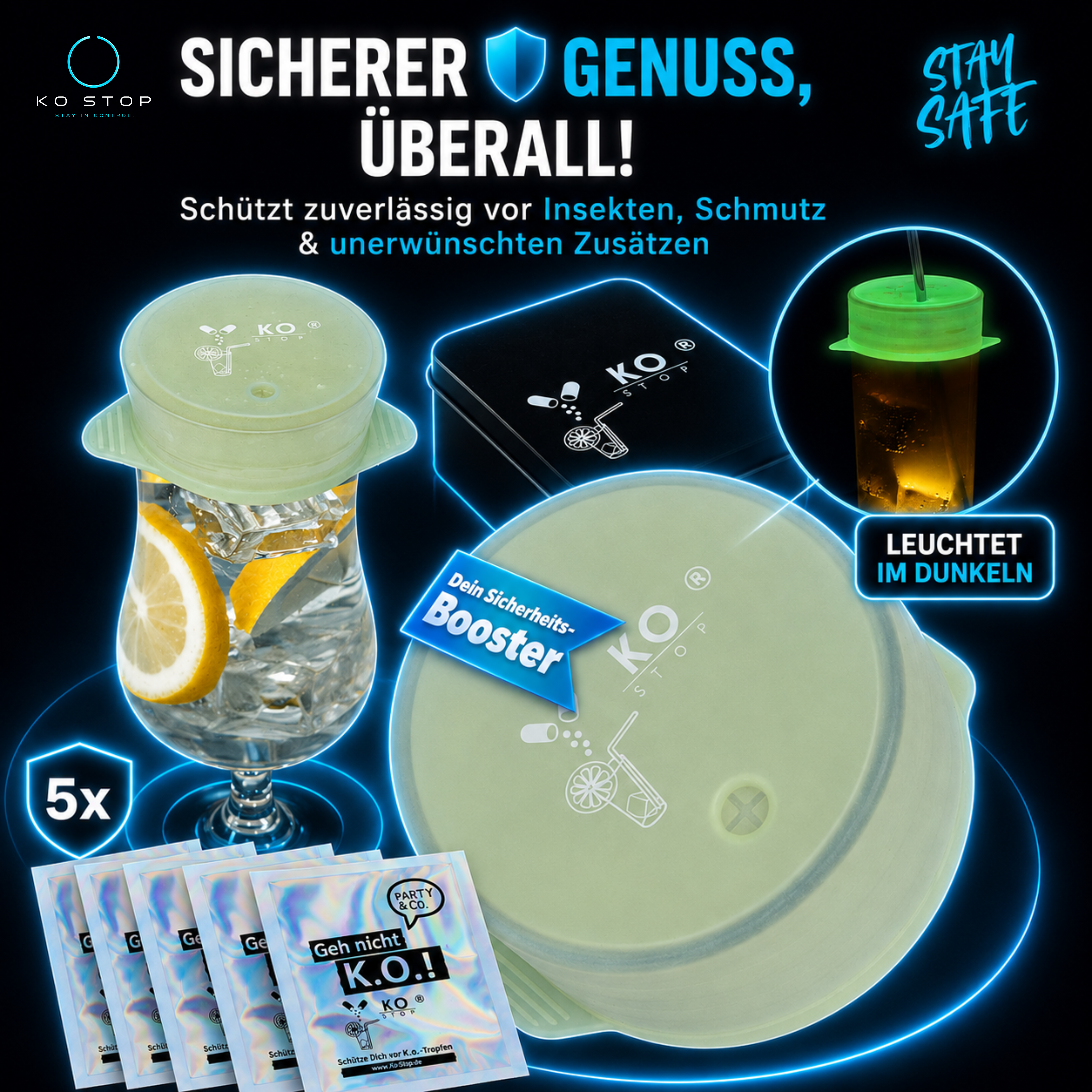 KO STOP® Glow Getränkeschutz 5er Pack aus fluoreszierendem Silikon für Festivals und Clubs