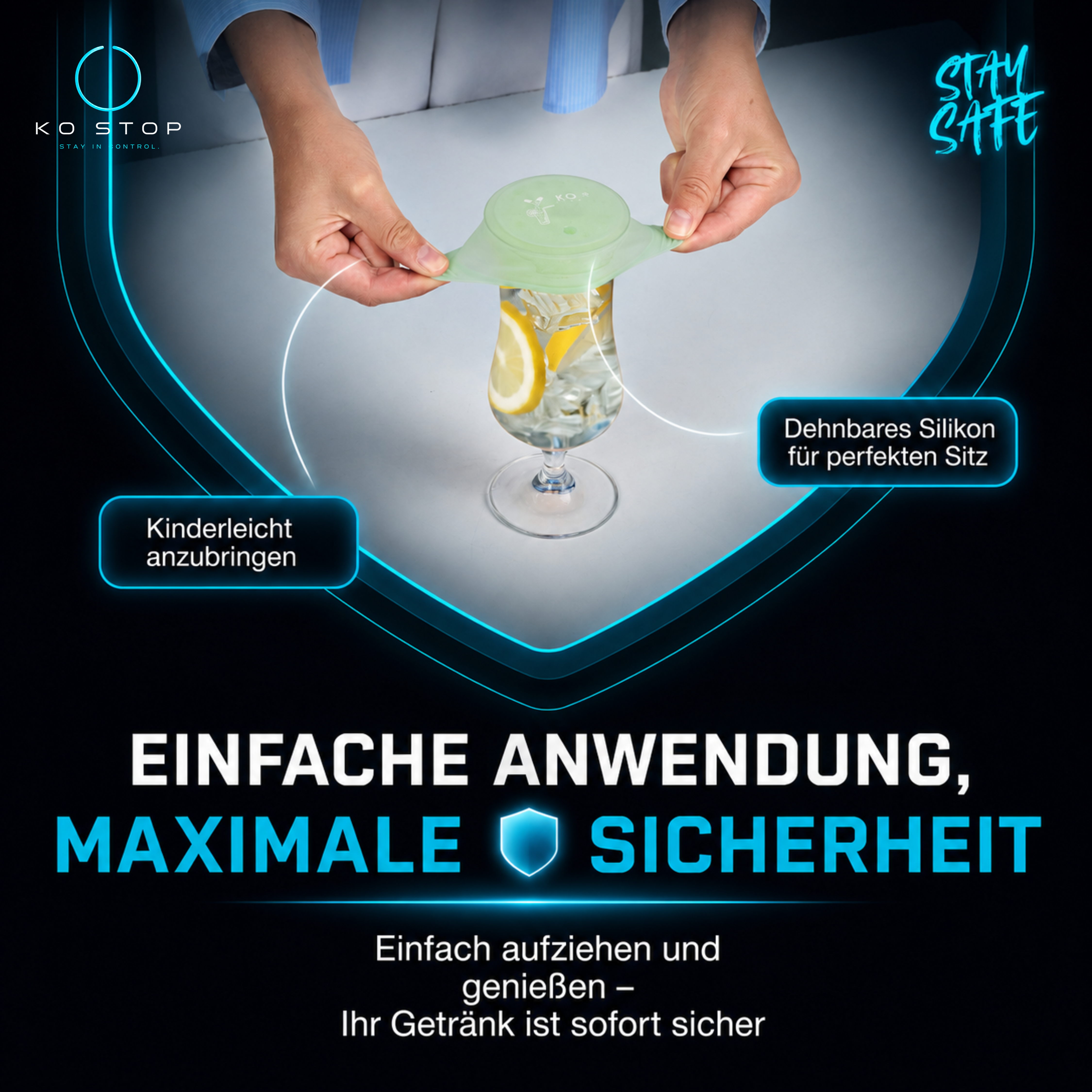 Flexibler KO STOP® Silikon Getränkeschutz einfach auf Glas anbringen