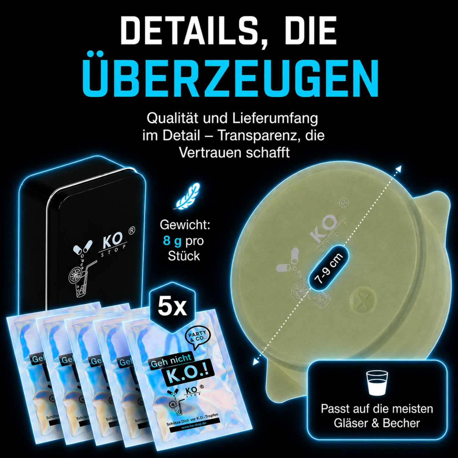 Leuchtender KO STOP Glow Getränkeschutz auf einem Cocktailglas mit Edelstahl-Strohhalm – wiederverwendbarer Getränkeschutz für Clubs und Festivals.
