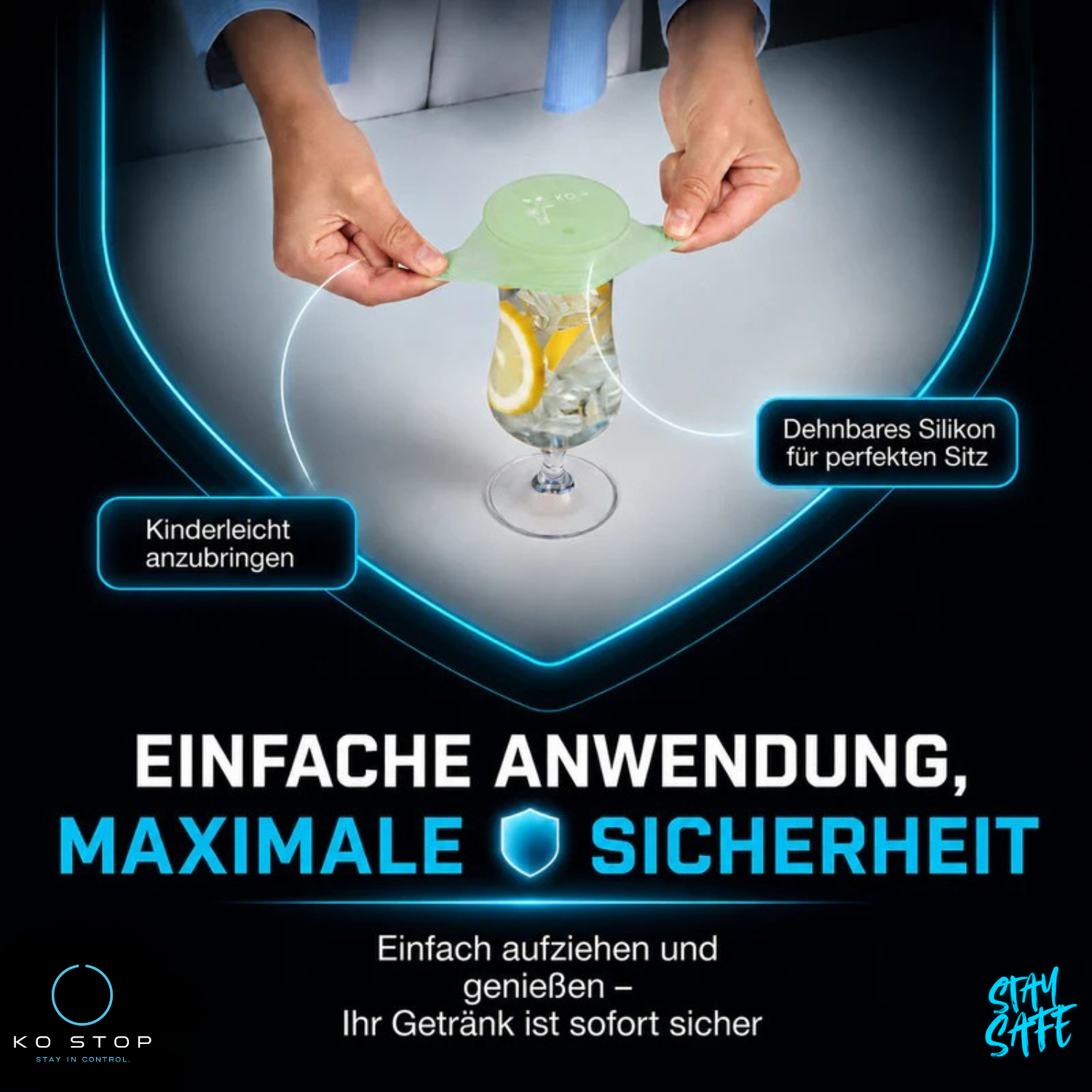 KO STOP Getränkeschutz im kompakten Transportbeutel für Handtasche und unterwegs – diskrete Aufbewahrung für Festivals und Events.