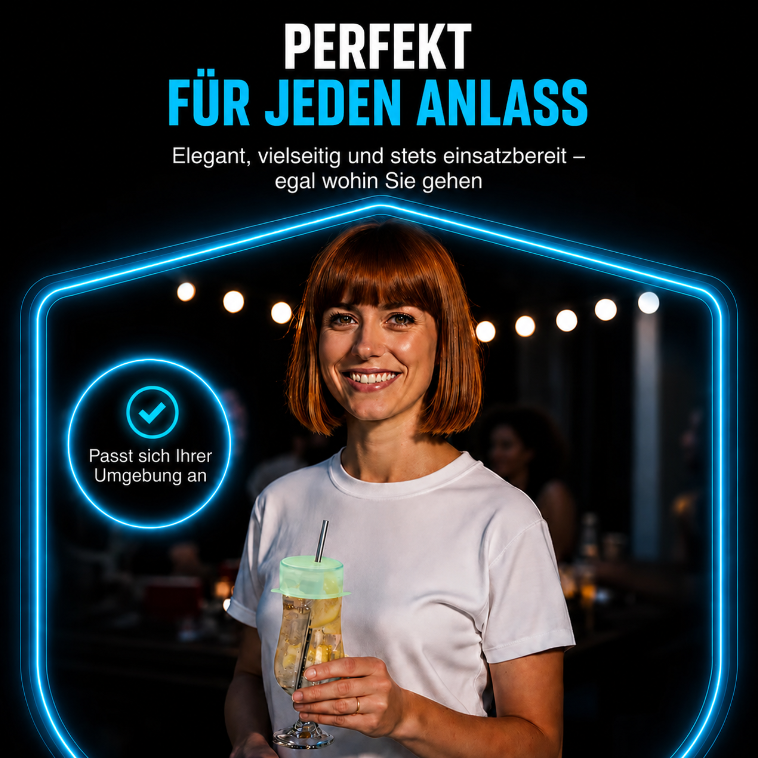 Junge Frau mit leuchtendem KO STOP Getränkeschutz auf einem Getränk bei einer Veranstaltung – ideal für Festivals, Bars und Nachtleben.