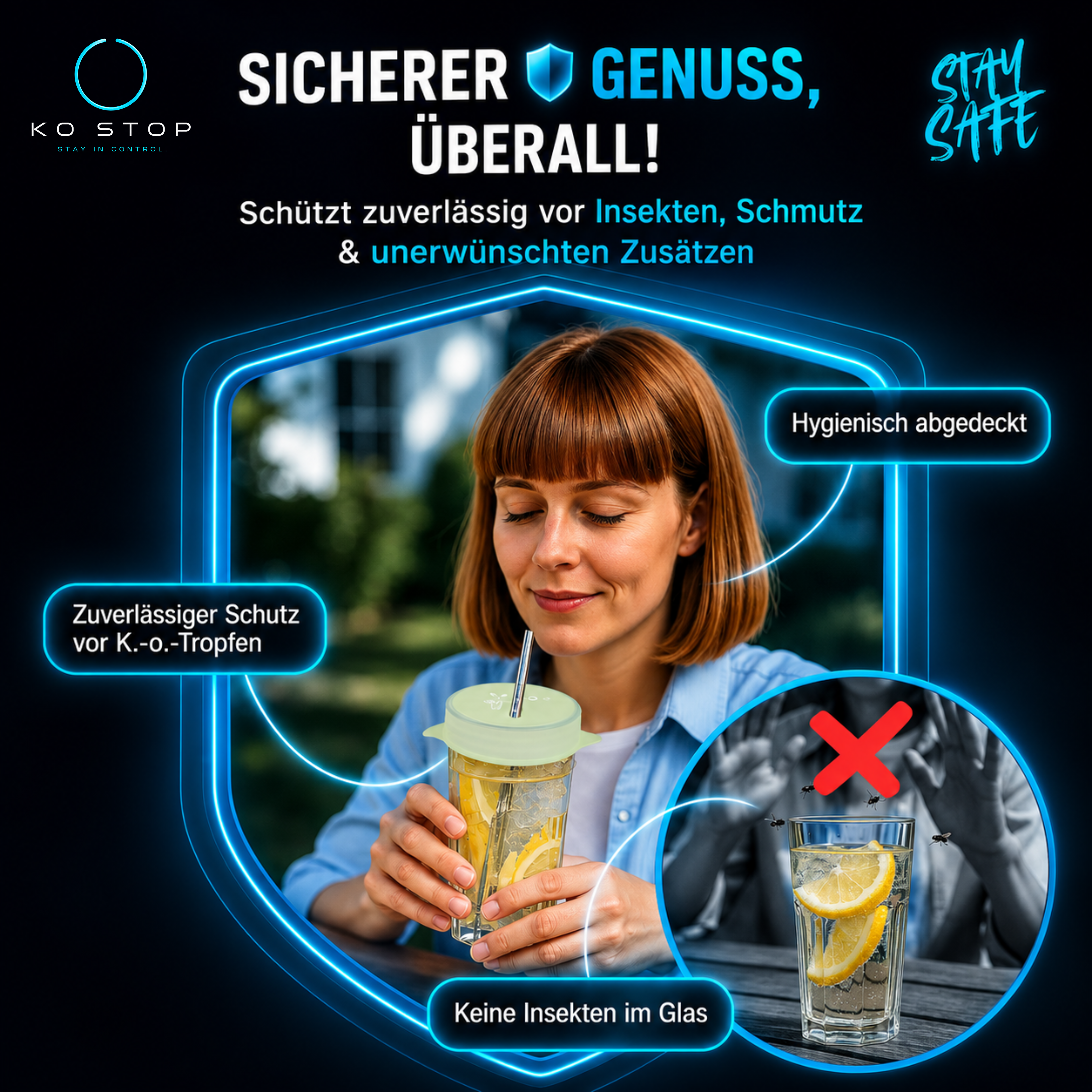 KO STOP® Glow Getränkeschutz aus Silikon mit Schutz vor Insekten und Verschmutzung