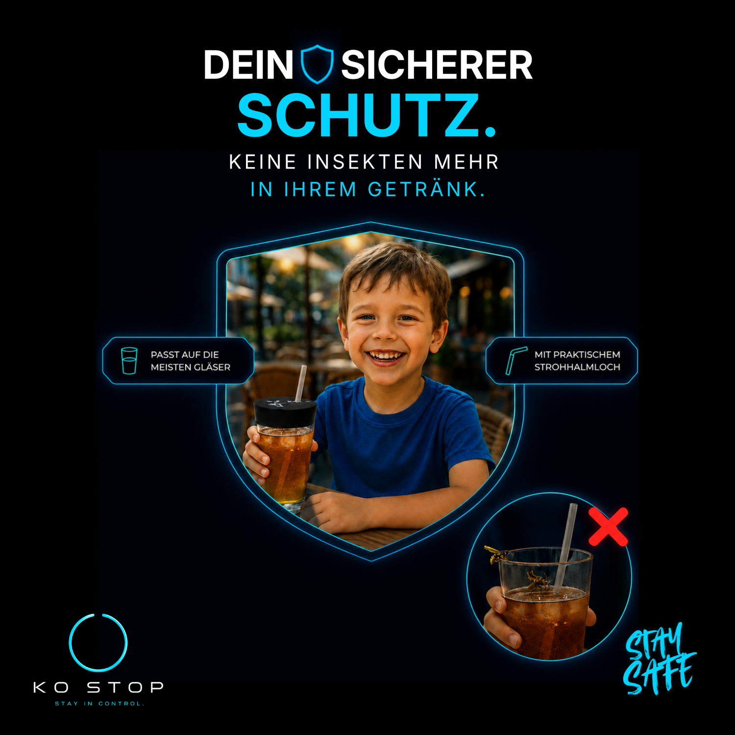 Ideal für Biergärten, Restaurants, Outdoor-Events und Familienmomente. Der Getränkeschutz hilft dabei, Insekten und äußere Einflüsse vom Getränk fernzuhalten.