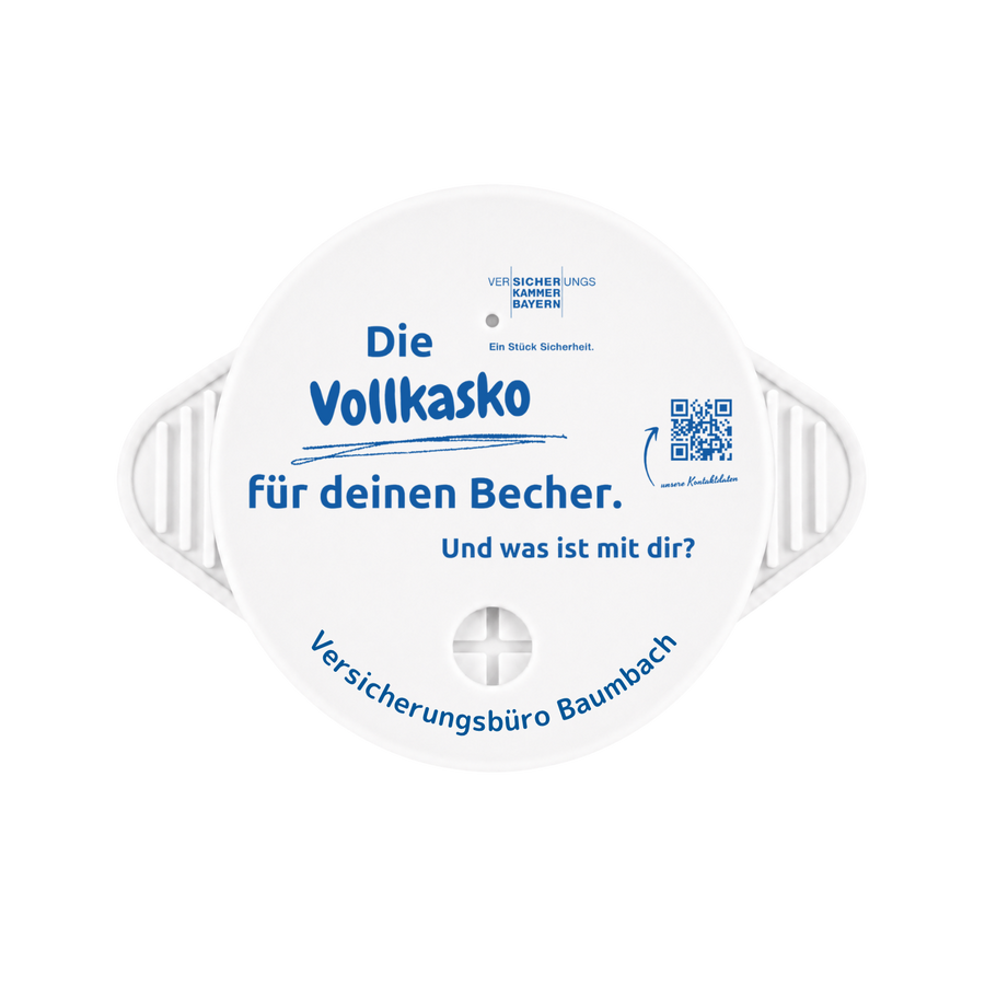 Individuell gestalteter weißer KO STOP Getränkeschutz für die Versicherungskammer Bayern