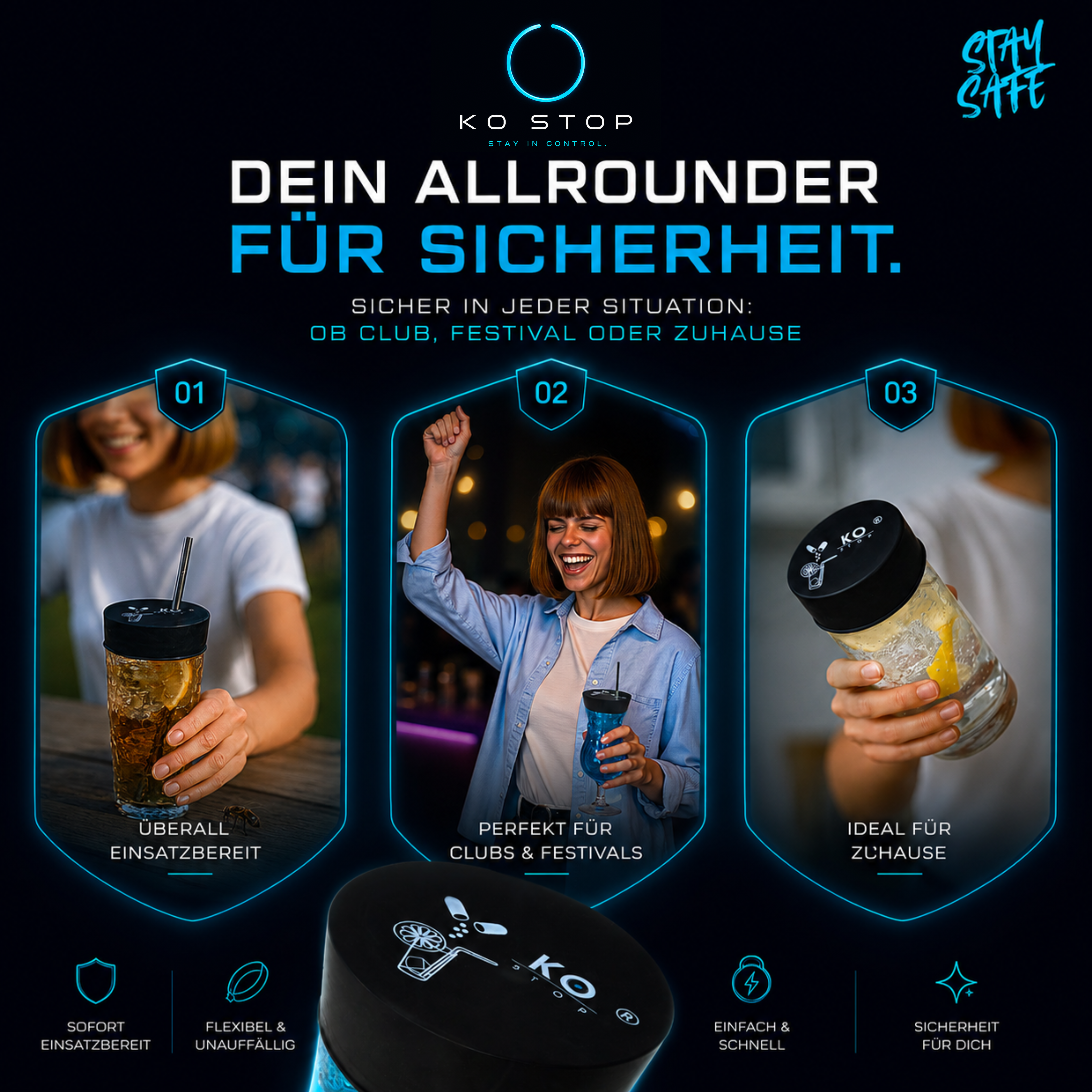 Einweg Getränkeschutz 5er Pack Flexibler KO STOP® Getränkeschutz passend für viele Glasformen und Cocktailgläser
