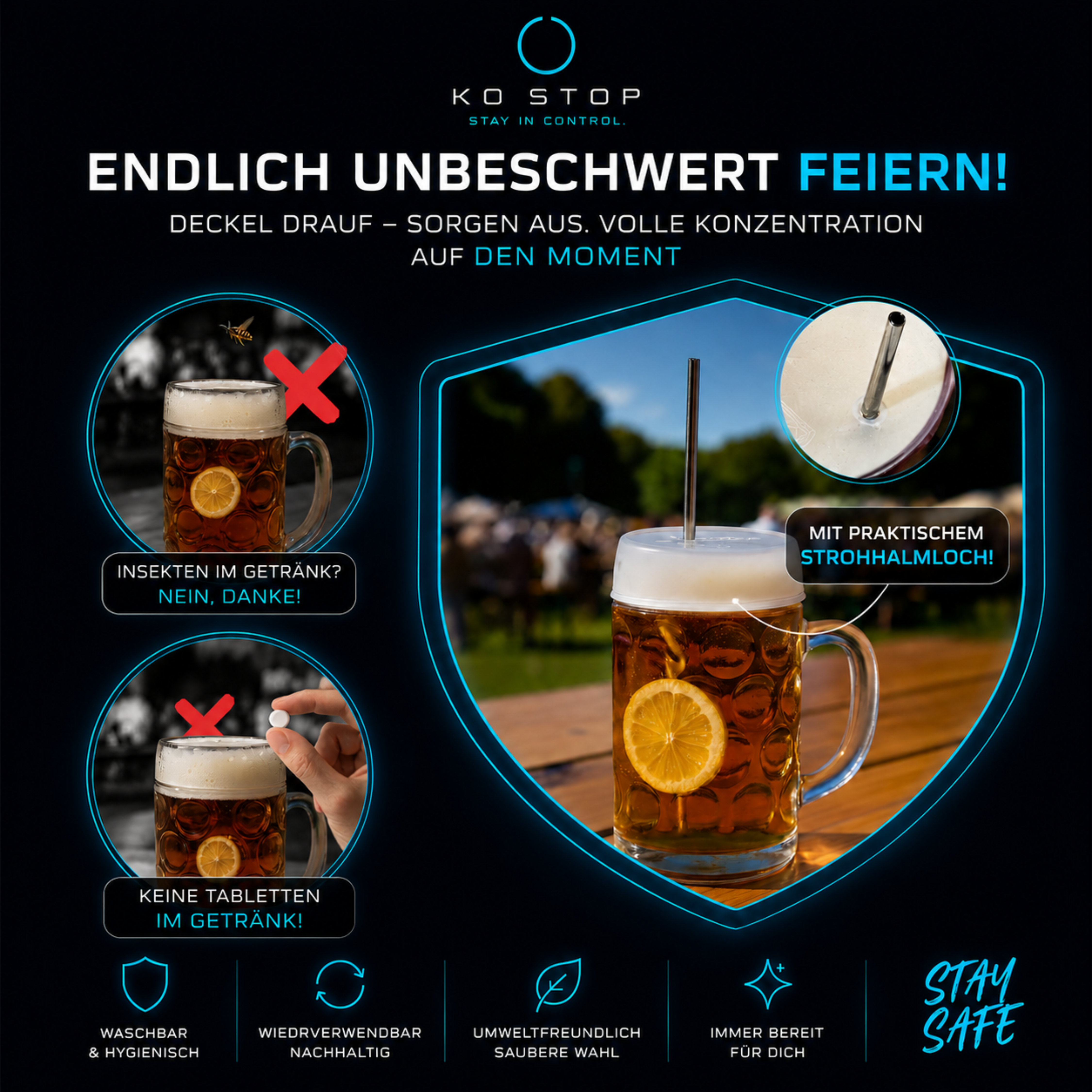 KO STOP Getränkeschutz für Malle und Festivals – flexibler Silikondeckel für Bierkrüge und Maßkrüge.