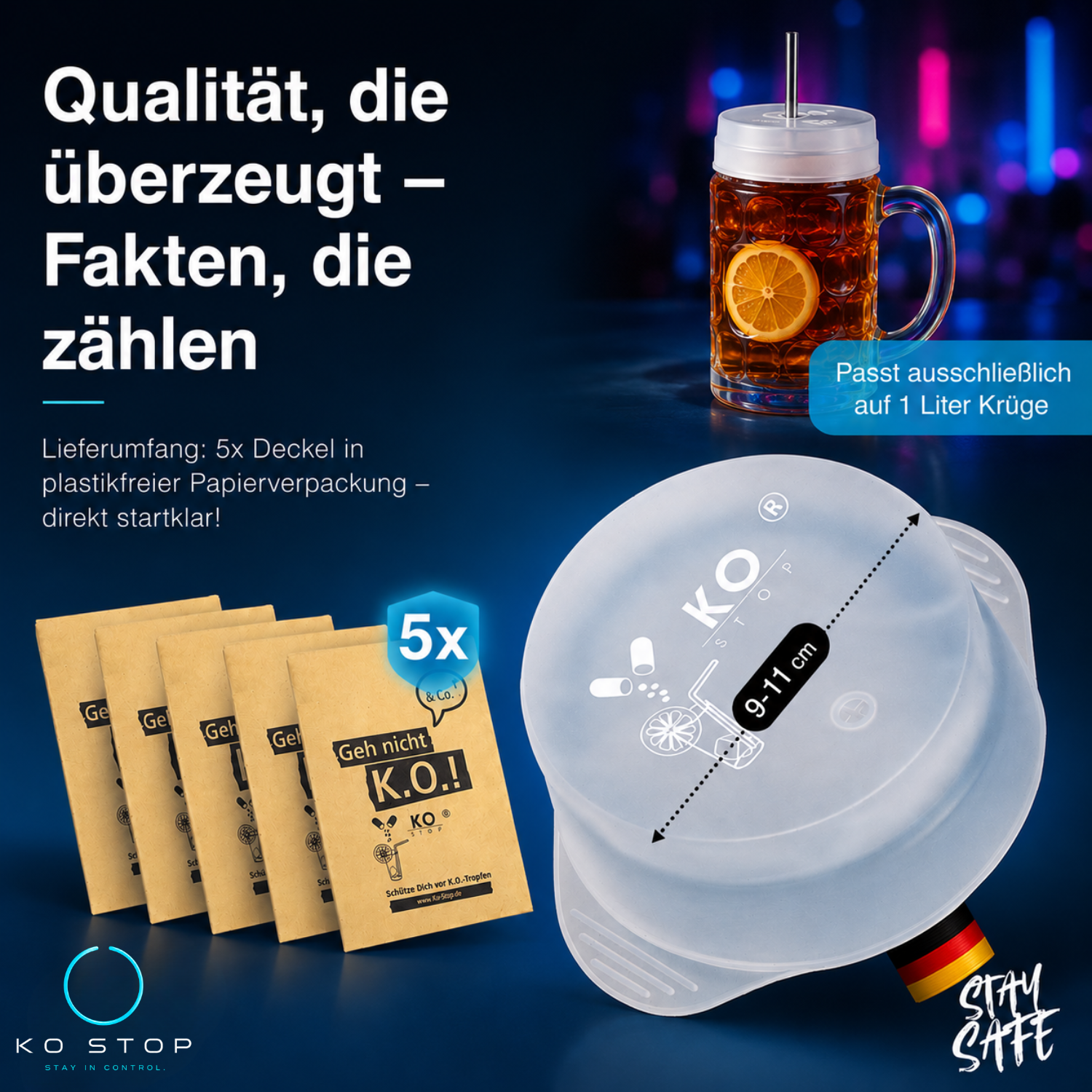 KO STOP Getränkeschutz mit 9 bis 11 Zentimeter Durchmesser speziell für 1-Liter-Maßkrüge aus lebensmittelechtem Premium-Silikon.