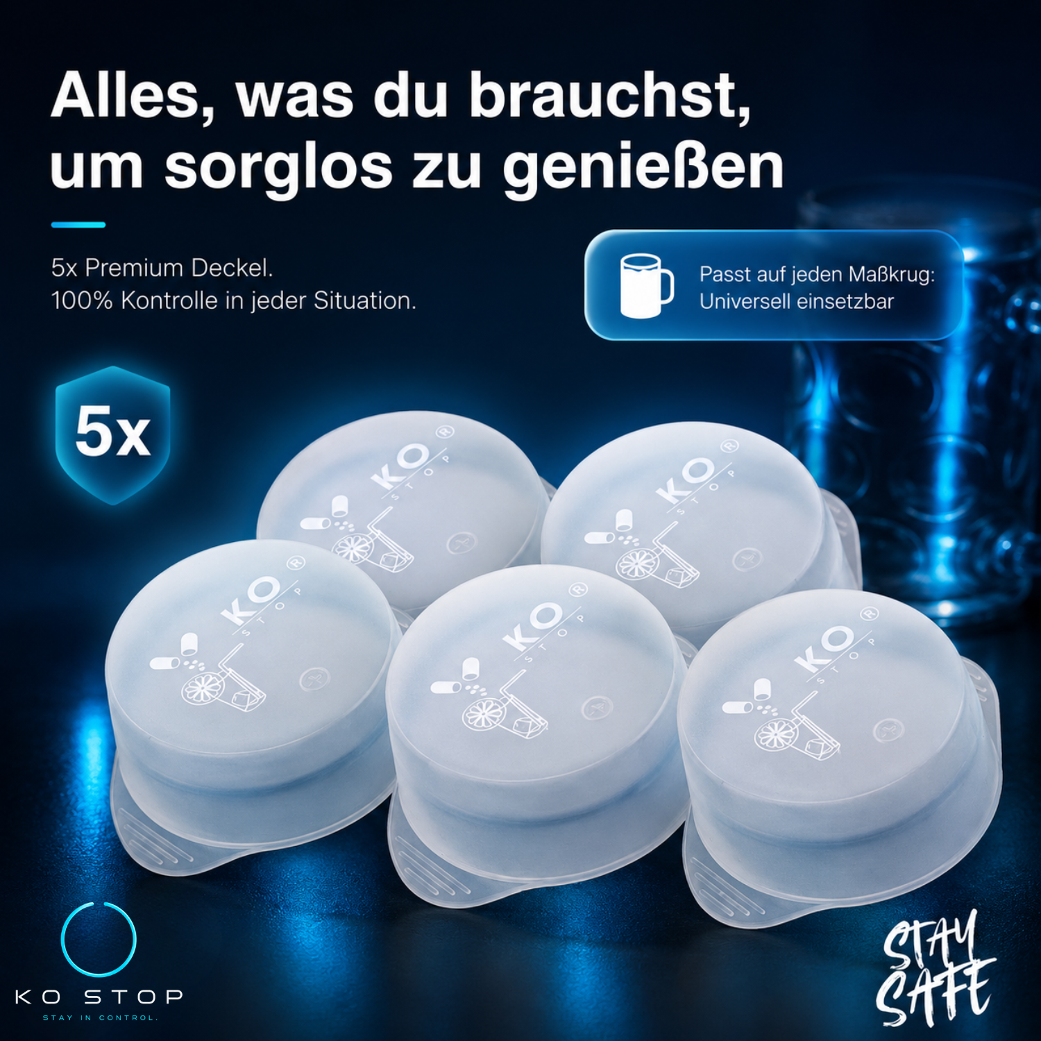 KO STOP® Getränkeschutzdeckel 5er Pack Ø 9–11 cm – Weiß Transparent für 1Liter Krüge - Ko-Stop