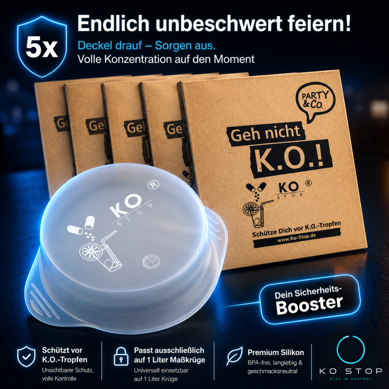 KO STOP Premium Drink Cover Set mit fünf wiederverwendbaren Silikondeckeln und nachhaltiger Verpackung für Festivals, Volksfeste und Veranstaltungen.