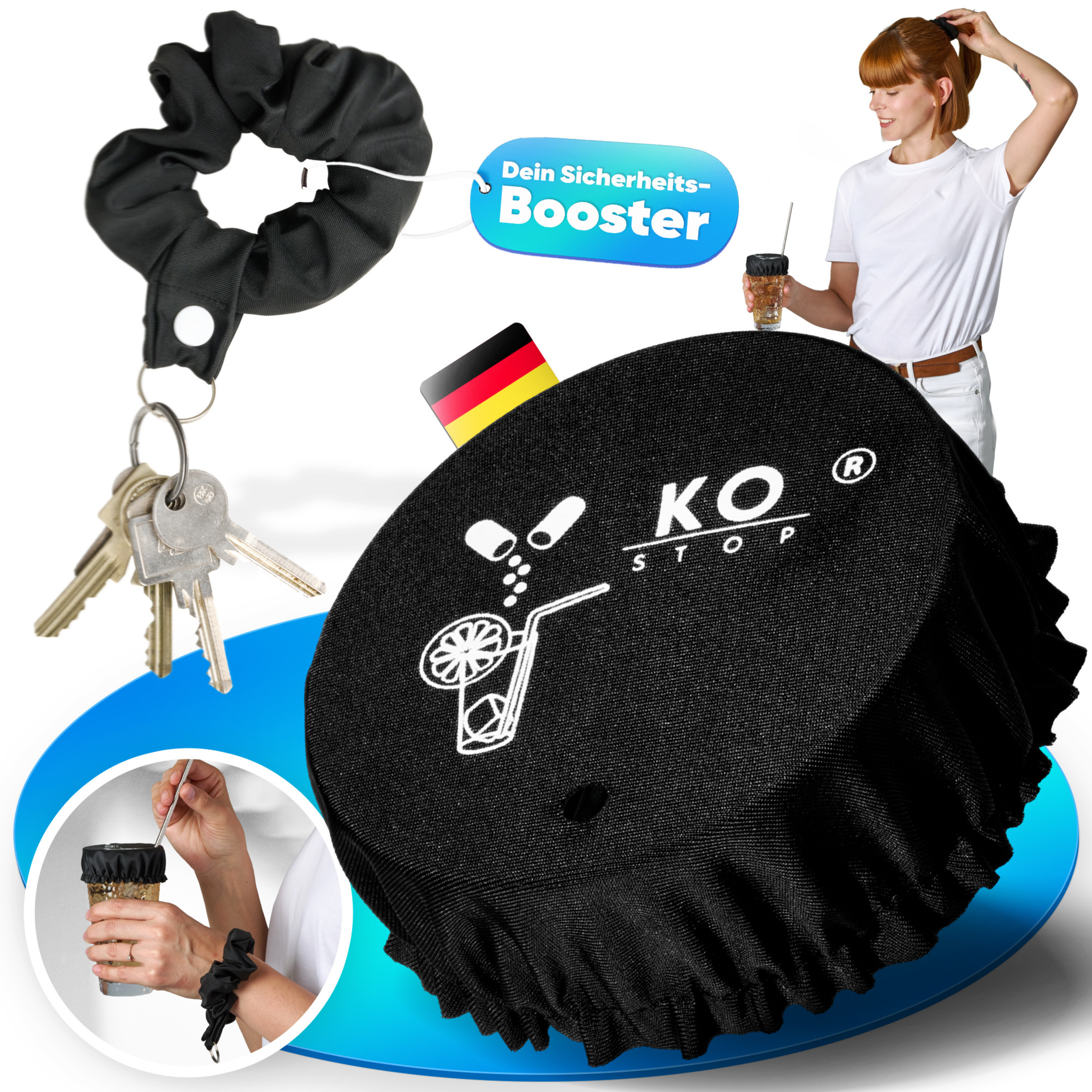 KO STOP 4in1 Getränkeschutz Scrunchie für Festivals, Clubs und Events mit Drink Cover, Haarband und Schlüsselanhänger Funktion.