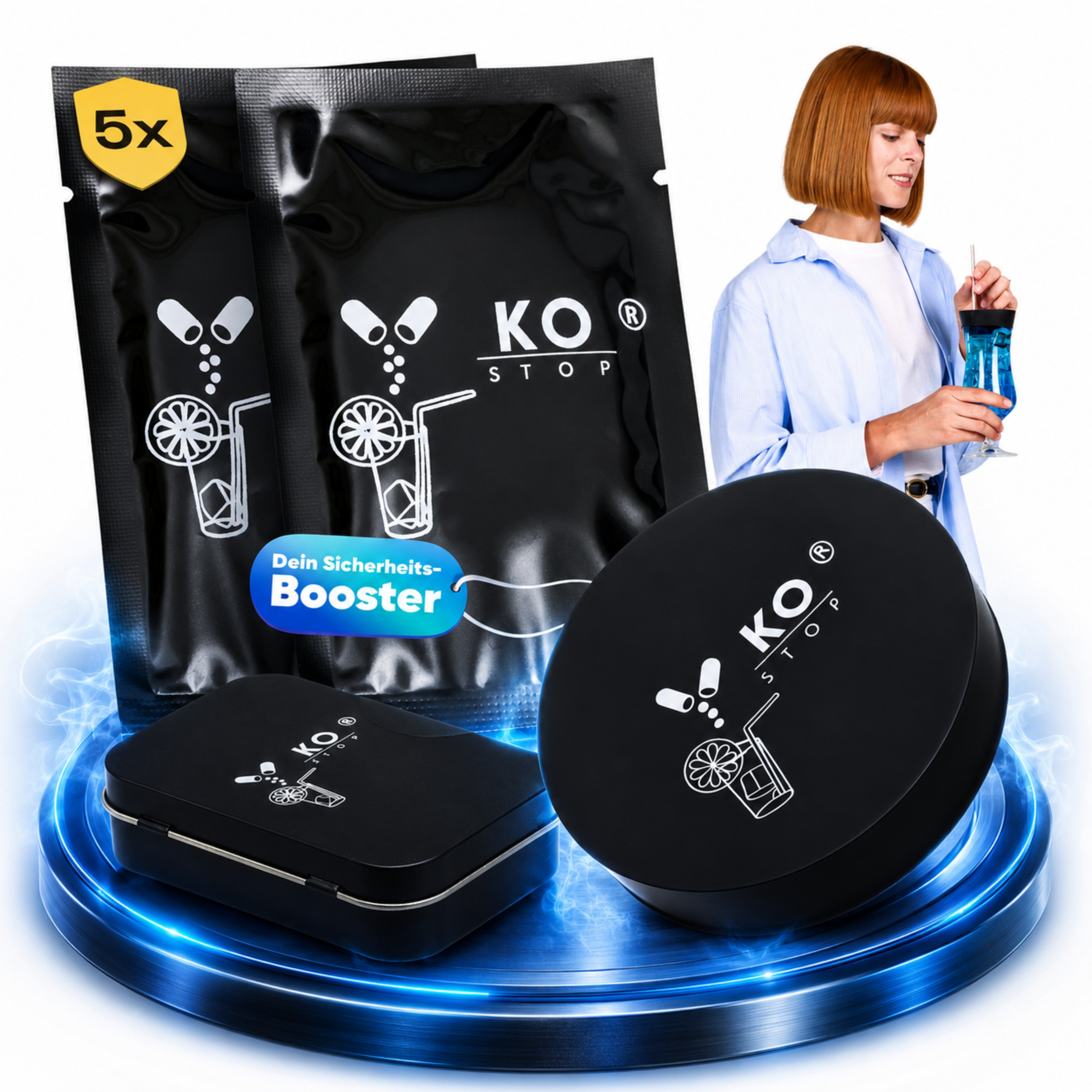 Premium Produktset von KO STOP mit Getränkeschutzdeckeln, Metallbox und Einzelverpackungen auf weißem Hintergrund mit blauem Metallic-Effekt.