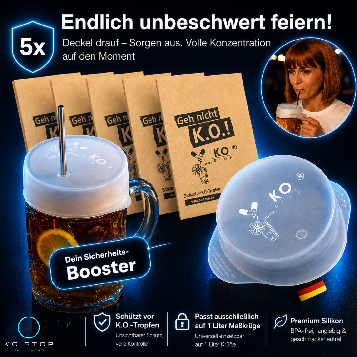 KO STOP Premium Silikondeckel im 5er Set für Maßkrüge mit Schutz vor Verunreinigungen, wiederverwendbarer Qualität und passgenauer Anwendung auf 1-Liter-Krügen.