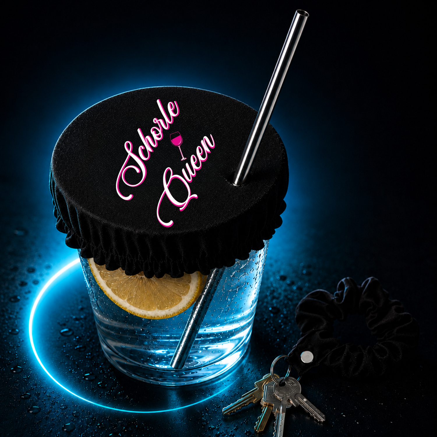 Getränk mit schwarzem KO STOP Getränkeschutz im Schorle Queen Design auf Glas mit Strohhalm und Neonlicht.