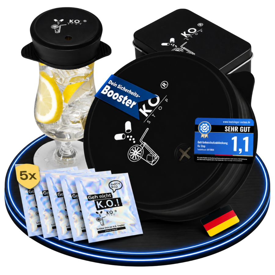 Schwarzer KO STOP Silikon-Getränkeschutz im 5er-Pack mit Metallbox