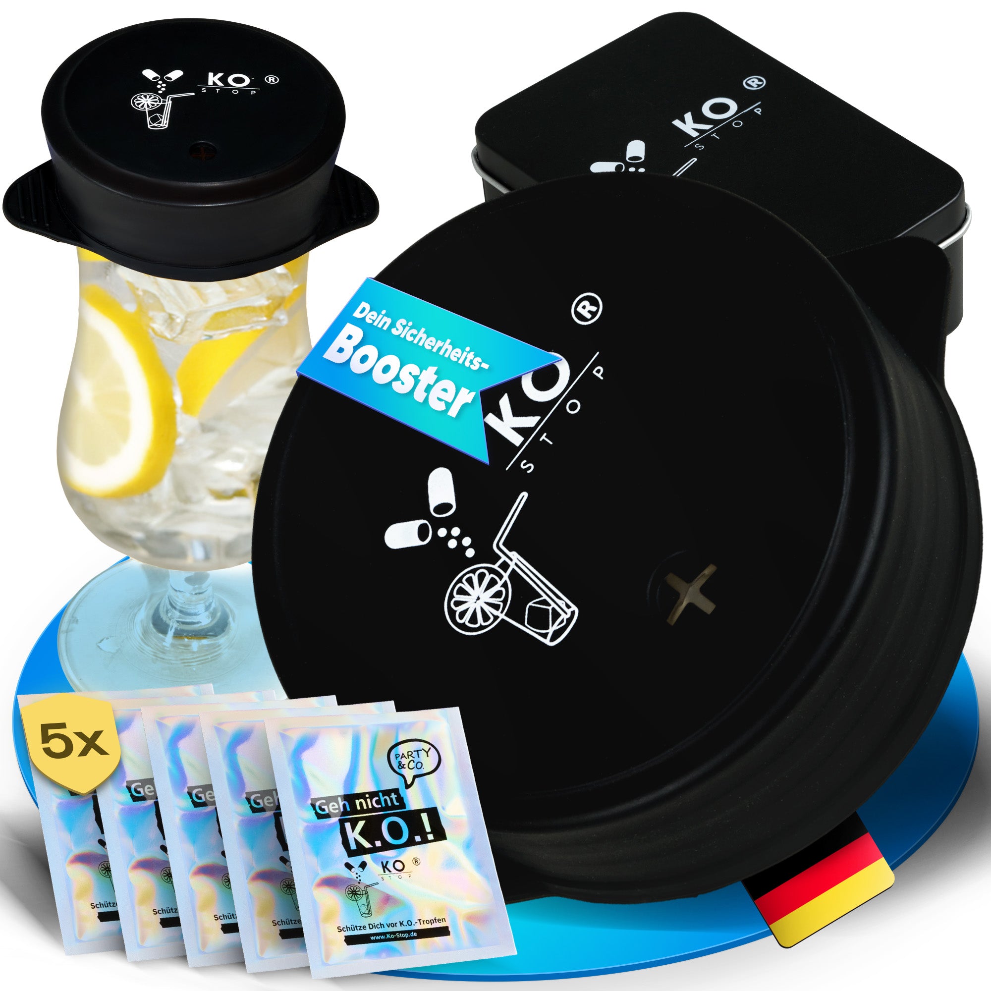 Ko Stop Getränkeschutzdeckel 5er-Set schwarz – wiederverwendbare
Silikon-Trinkdeckel gegen Ko Tropfen, Insekten und Manipulation mit
Aufbewahrungsbox