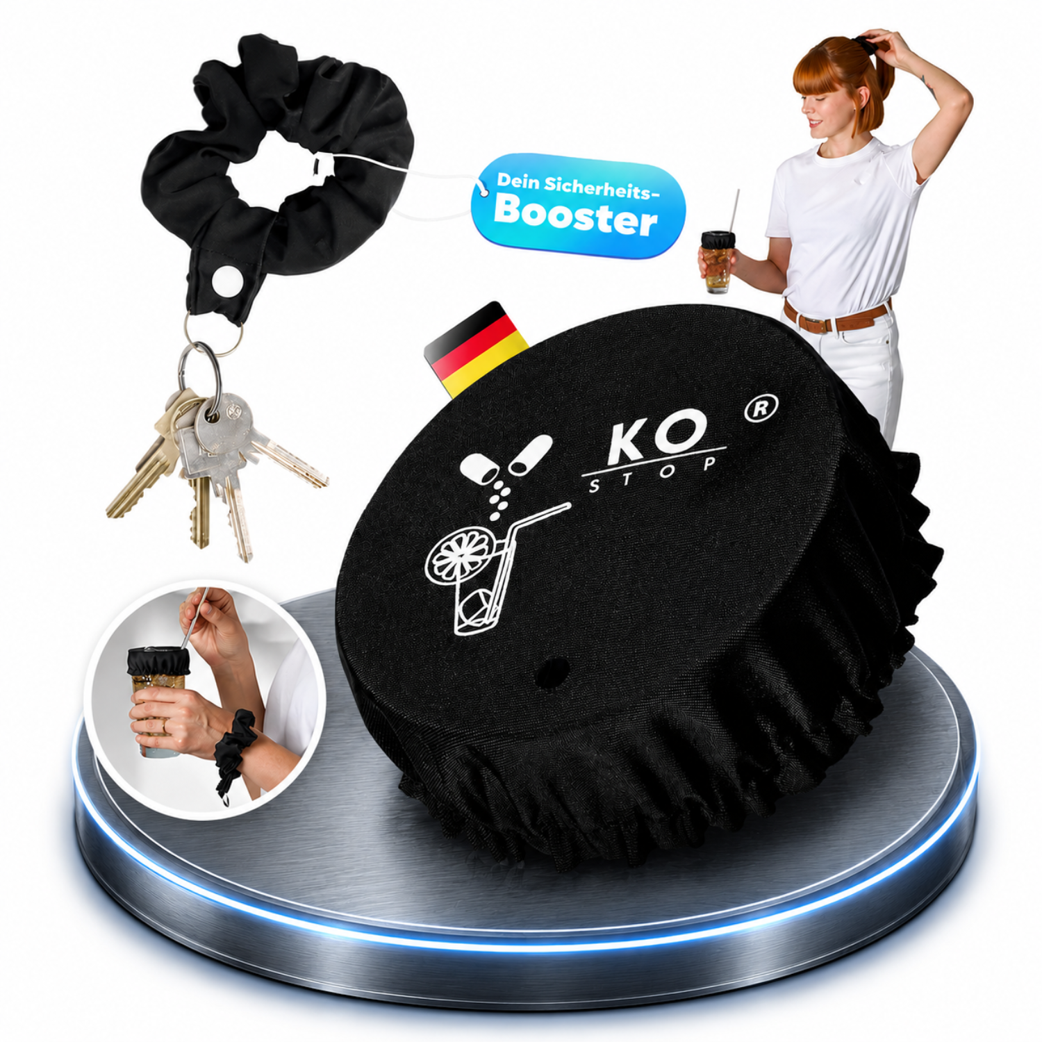 KO STOP Getränkeschutz aus strapazierfähigem Nylon und Elasthan mit Material- und Größenangaben – wiederverwendbarer Schutz vor K.O.-Tropfen für Festivals, Clubs und Partys.