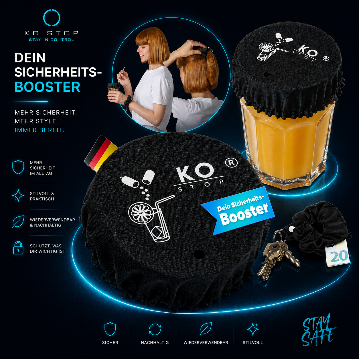 KO STOP Sicherheitsbooster Getränkeschutz für mehr Kontrolle, Sicherheit und Style im Alltag und Nachtleben.