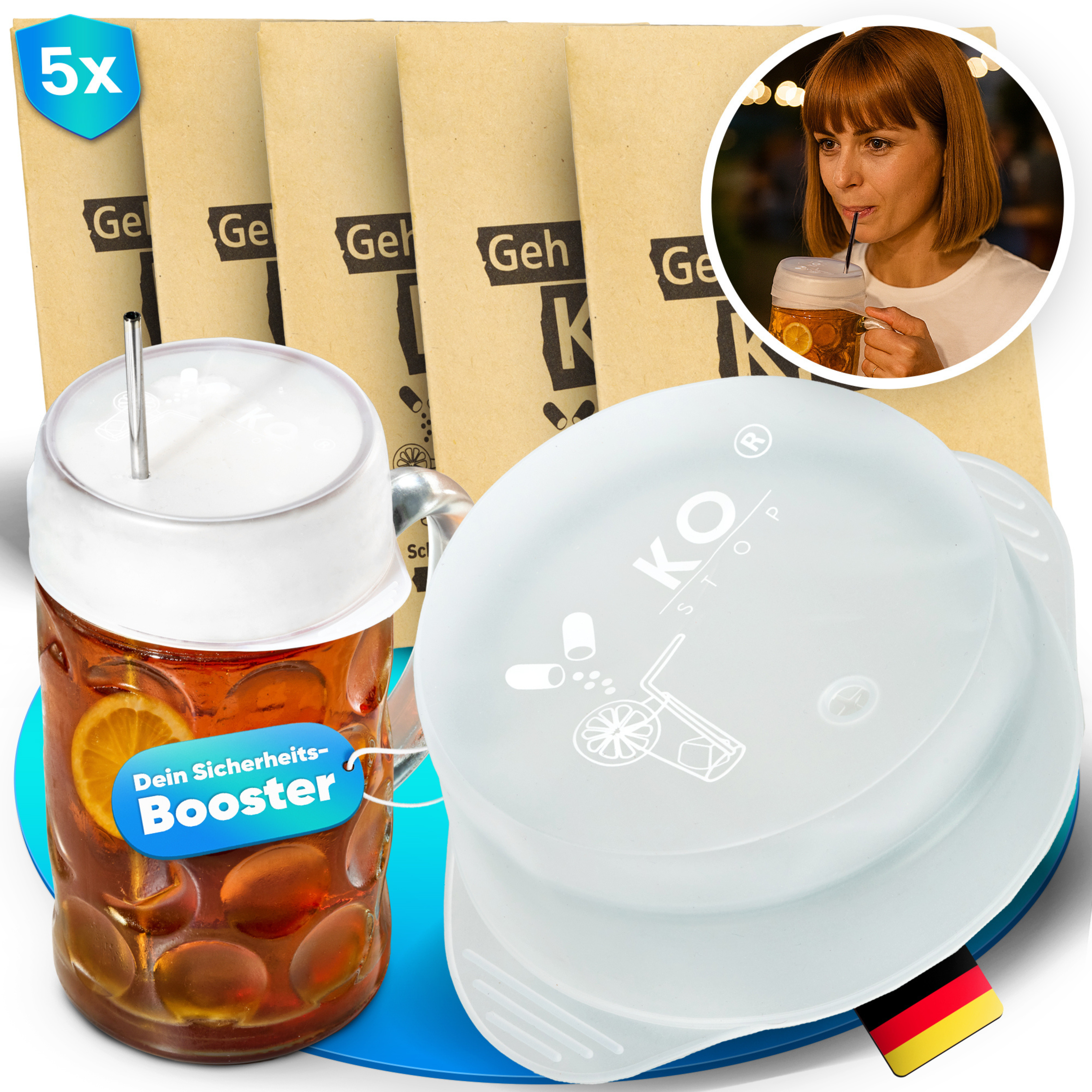 KO STOP Sicherheitsbooster für Getränke – wiederverwendbarer Getränkeschutz für Festivals und Events.
