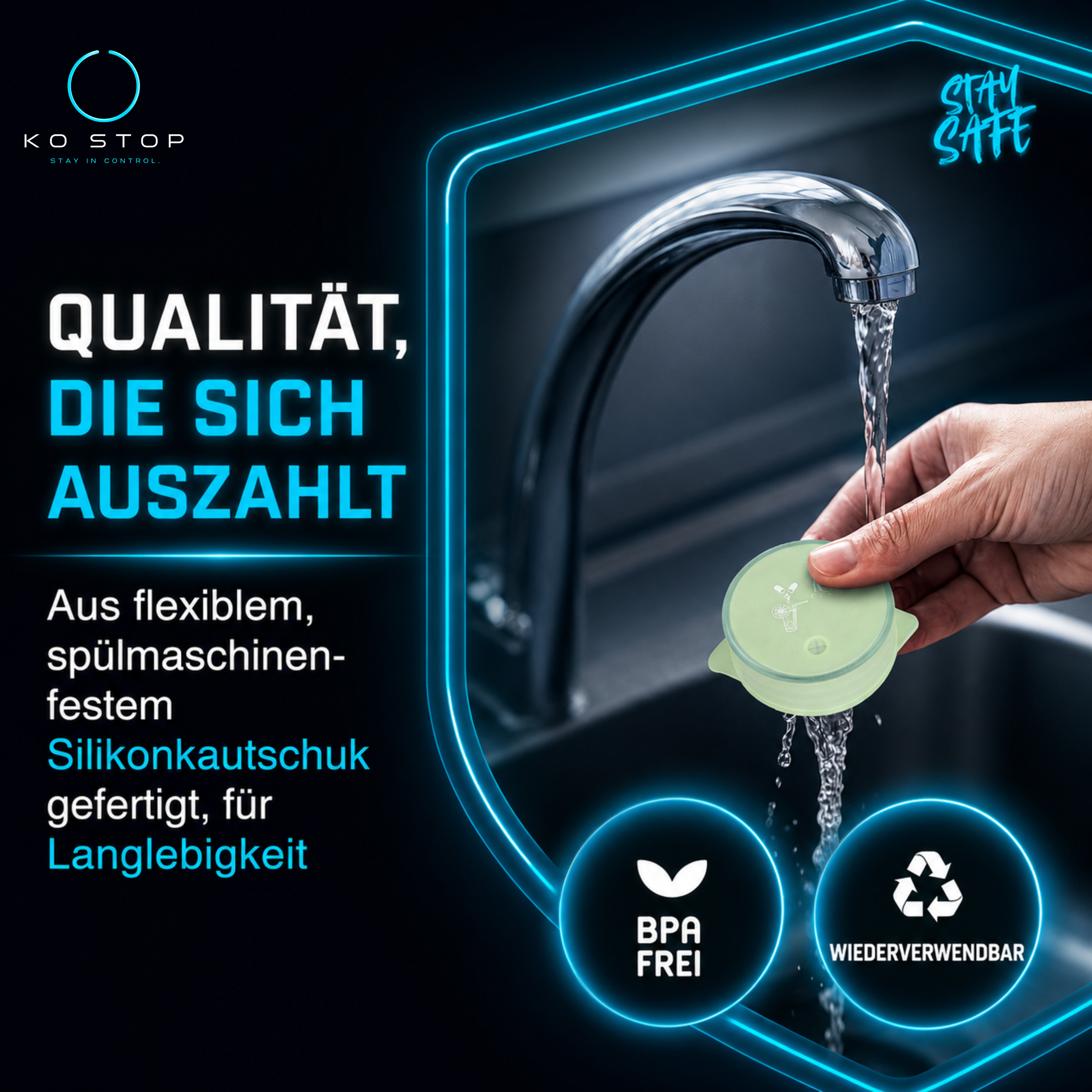 Wiederverwendbarer BPA-freier KO STOP® Silikon Getränkeschutz beim Reinigen