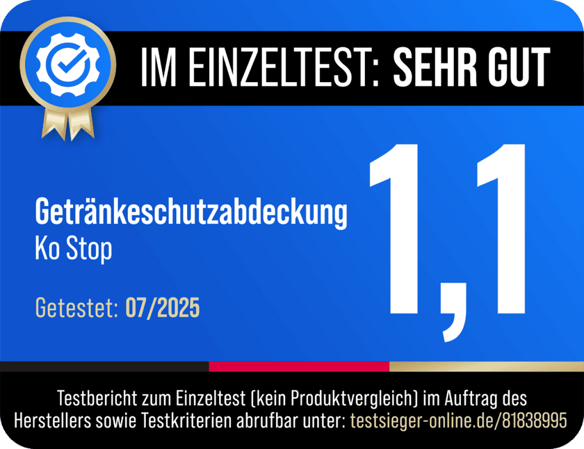 Original-Testsiegel für KO STOP Silikondeckel: Sehr gut (1,1) im Einzeltest, getestet 07/2025.