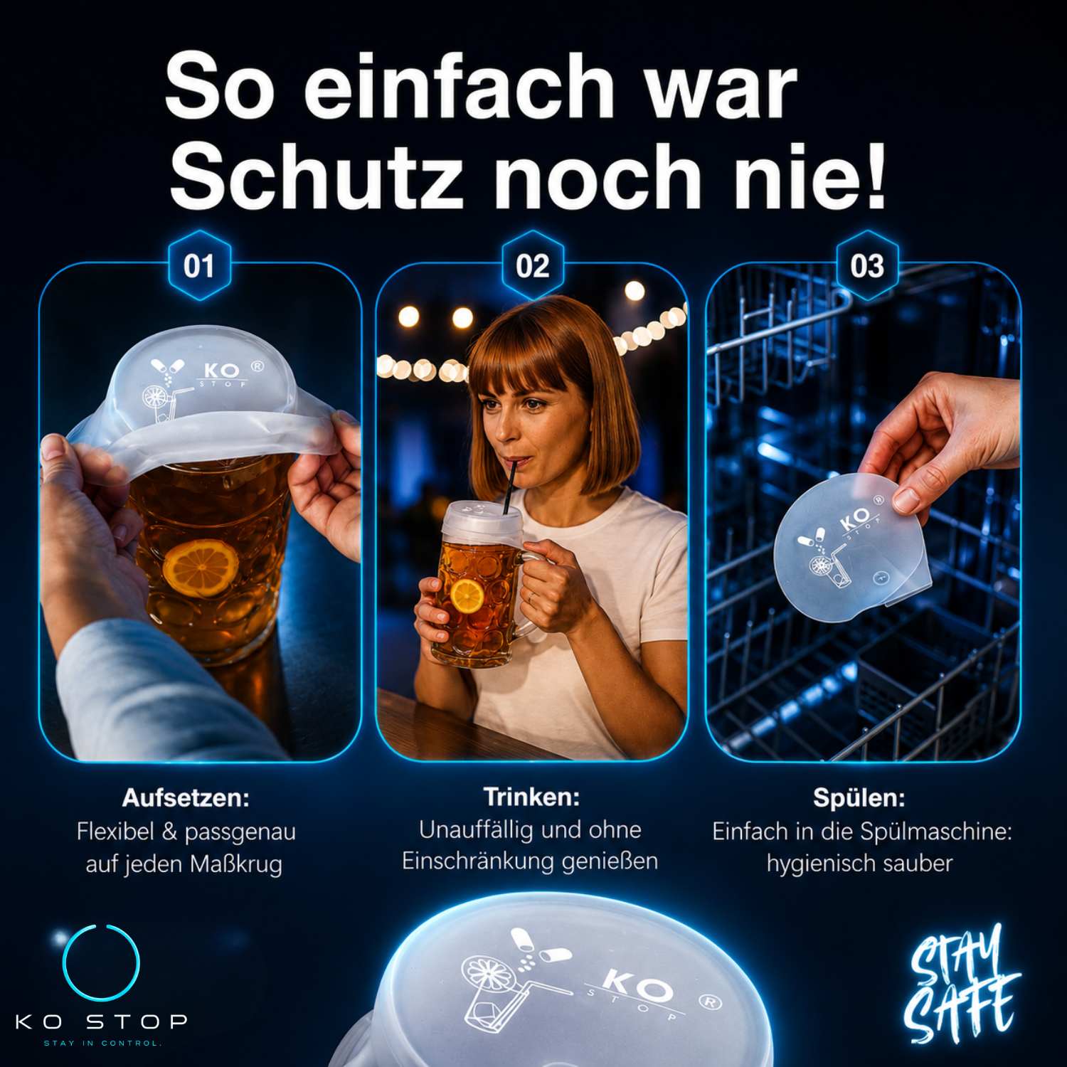 KO STOP® Getränkeschutzdeckel 5er Pack Ø 9–11 cm – Weiß Transparent für 1Liter Krüge - Ko-Stop