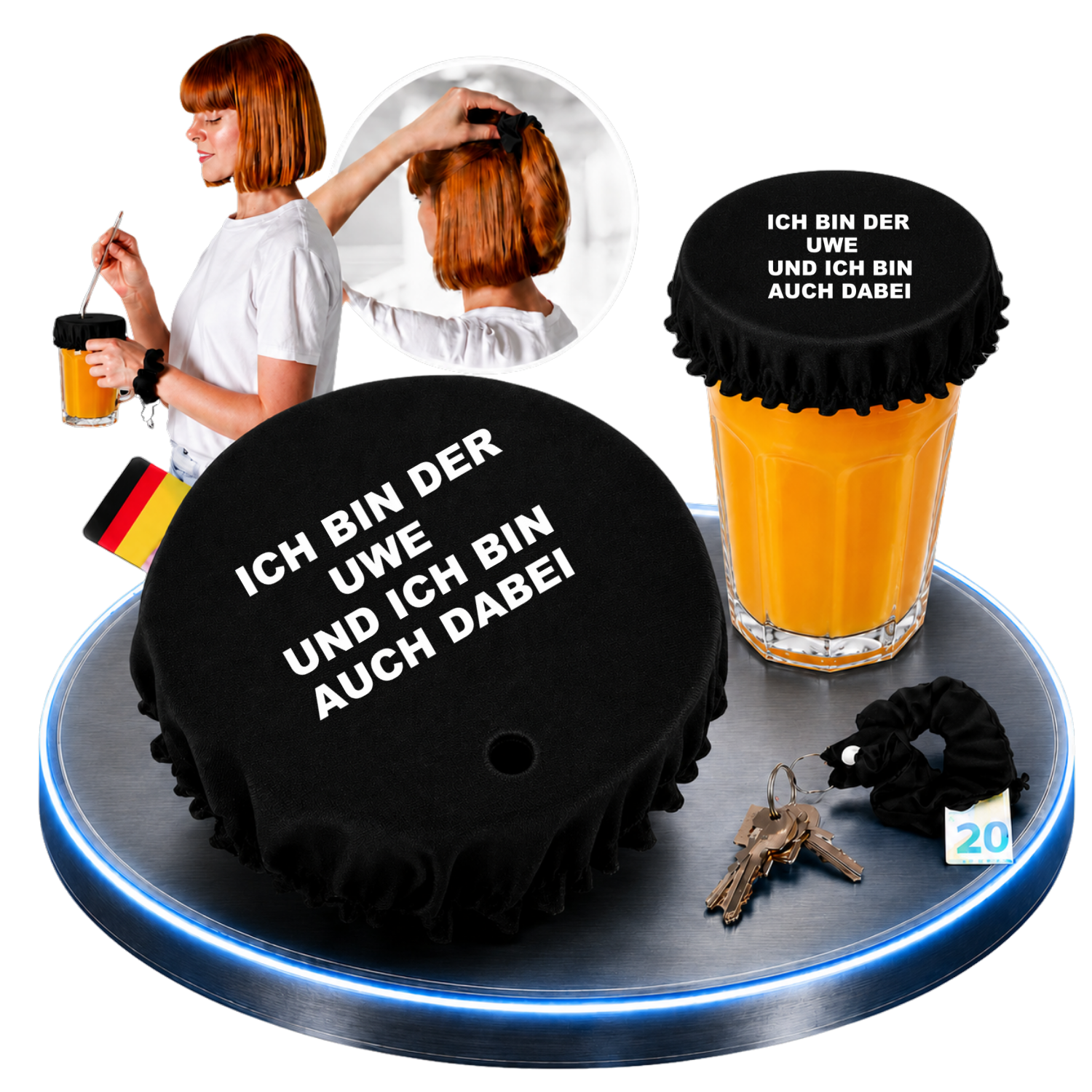Schwarzer KO STOP Stoff-Getränkeschutz mit dem lustigen Party-Spruch „Ich bin der Uwe und ich bin auch dabei“. Wiederverwendbarer Drink Cover mit integriertem Haarband, Schlüsselanhänger und Geheimfach für Festivals, Partys, Vatertag, Männertouren und Junggesellenabschiede.
