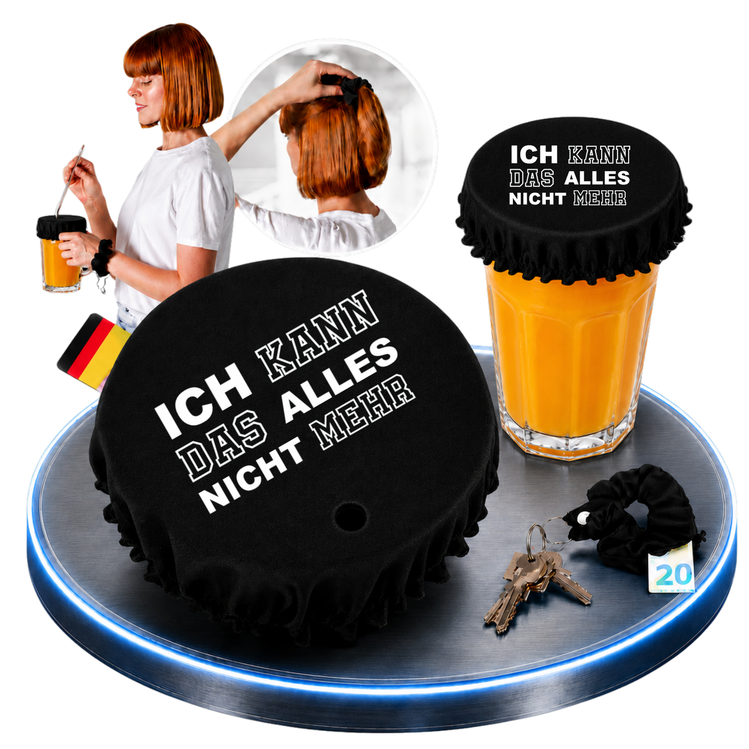 Schwarzer KO STOP Stoff-Getränkeschutz mit dem lustigen Spruch „Ich kann das alles nicht mehr“. Wiederverwendbarer Getränkeschutz mit integriertem Haarband, Schlüsselanhänger und Geheimfach für Festivals, Partys und Feiern.