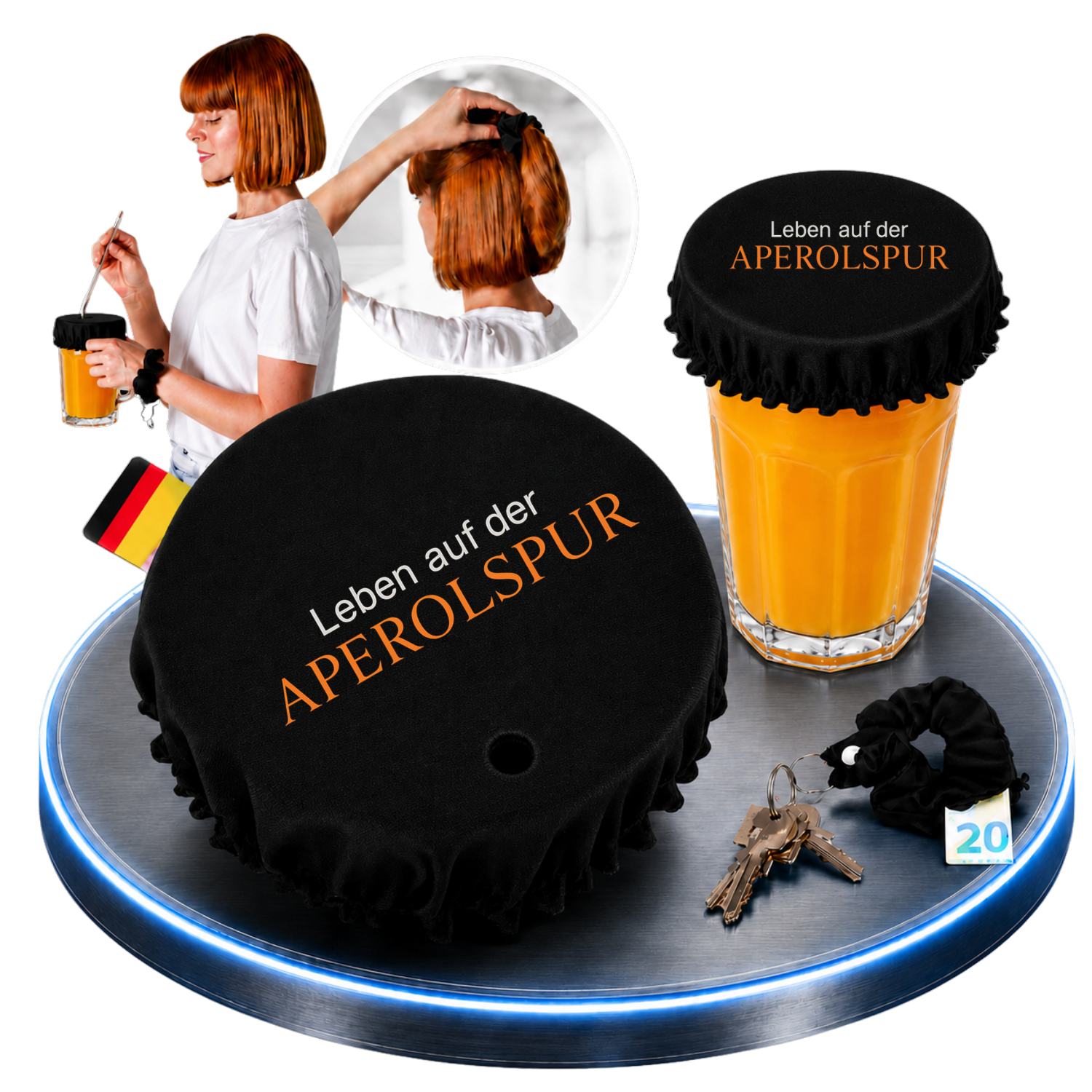 Schwarzer KO STOP Stoff-Getränkeschutz mit dem Spruch „Leben auf der Aperolspur“ auf einem Aperol-Getränk. Wiederverwendbarer Drink Cover mit integriertem Haarband, Schlüsselanhänger und Geheimfach für Festivals, Partys, Aperol-Abende und Events.