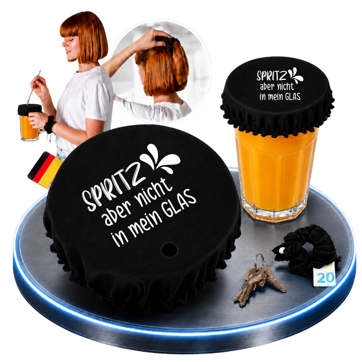 Schwarzer KO STOP Stoff-Getränkeschutz mit dem Spruch „Spritz aber nicht in mein Glas“. Wiederverwendbarer Drink Cover mit integriertem Haarband, Schlüsselanhänger und Geheimfach für Aperol-Abende, Festivals, Partys, Sommerveranstaltungen und Mädelsabende.