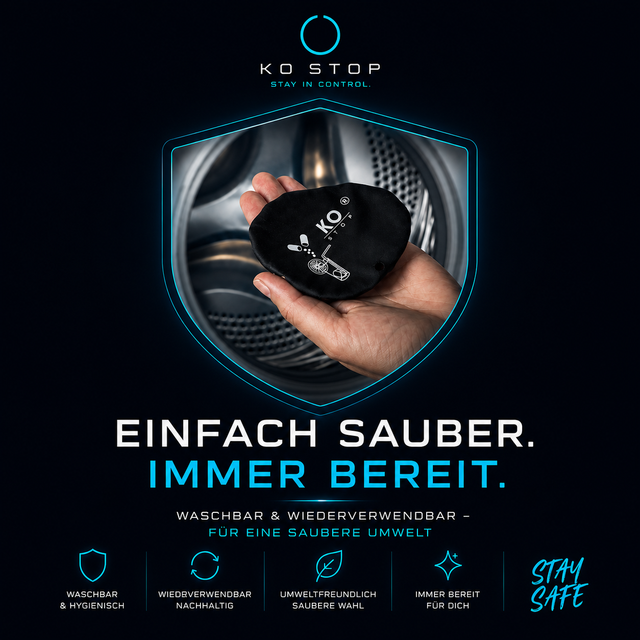 Waschbarer und wiederverwendbarer KO STOP Getränkeschutz für nachhaltige Sicherheit auf Festivals und Events.