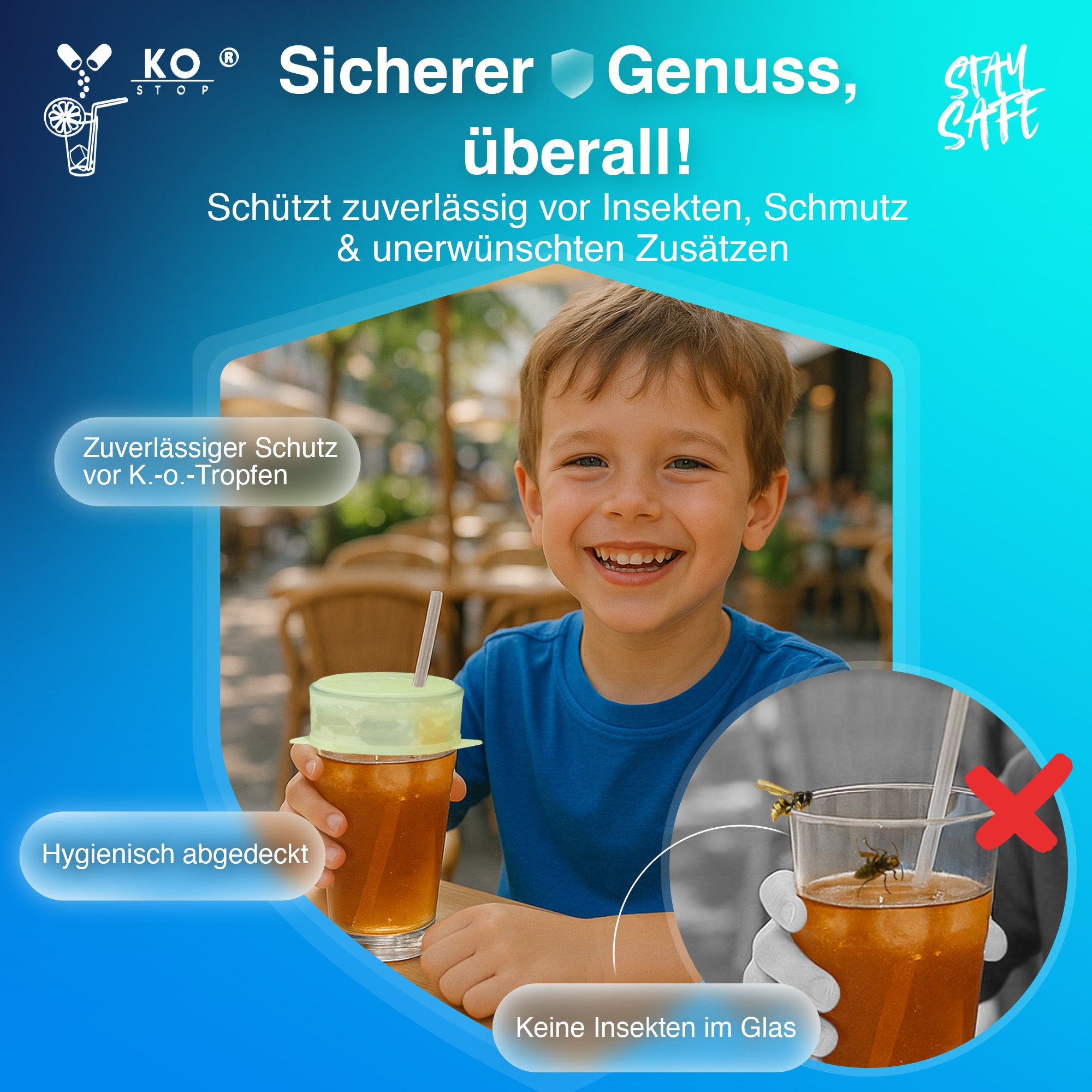 Ko Stop® Glasabdeckung schützt vor Wespen, Verschütten und K.o.-Tropfen