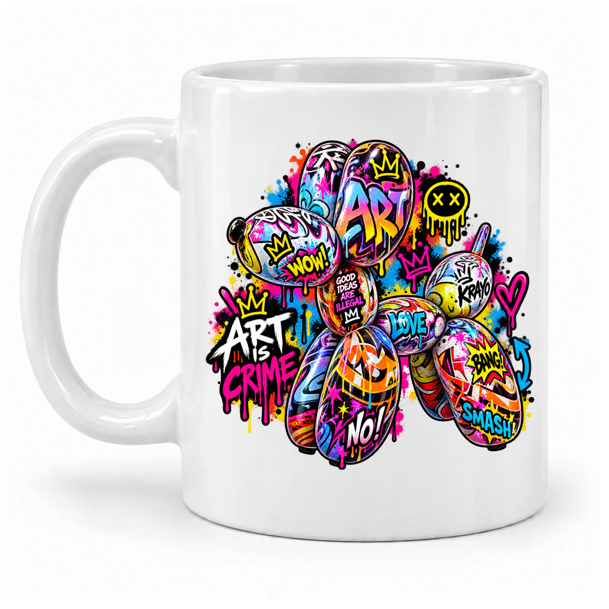 Weiße Krayo-Art-Tasse mit buntem Graffiti-Ballonhund, Kronen und Schriftzug „Art is Crime“, Griff links