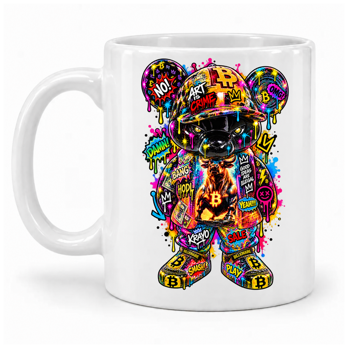 Weiße Krayo-Art-Tasse mit buntem Graffiti-Bären, Bitcoin-Symbolen und Bullenmotiv, Griff links
