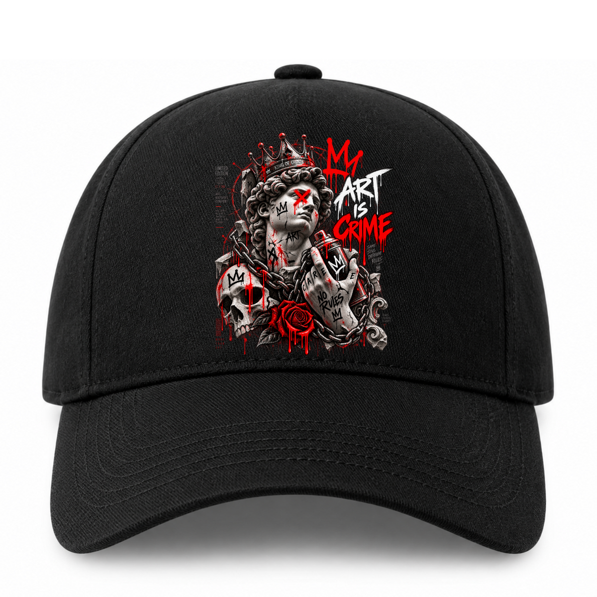 Schwarze Krayo-Art-Cap in Frontalansicht mit gekrönter Skulptur, roter Rose und Art-is-Crime-Schriftzug