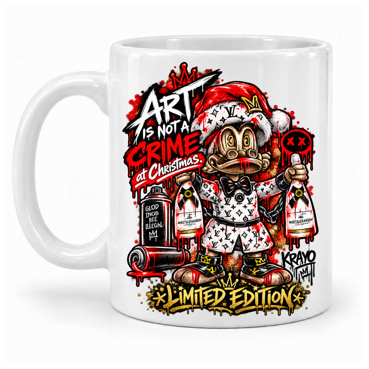 Weiße Krayo-Art-Tasse mit Weihnachtsmotiv „Art is not a Crime at Christmas“, Griff links