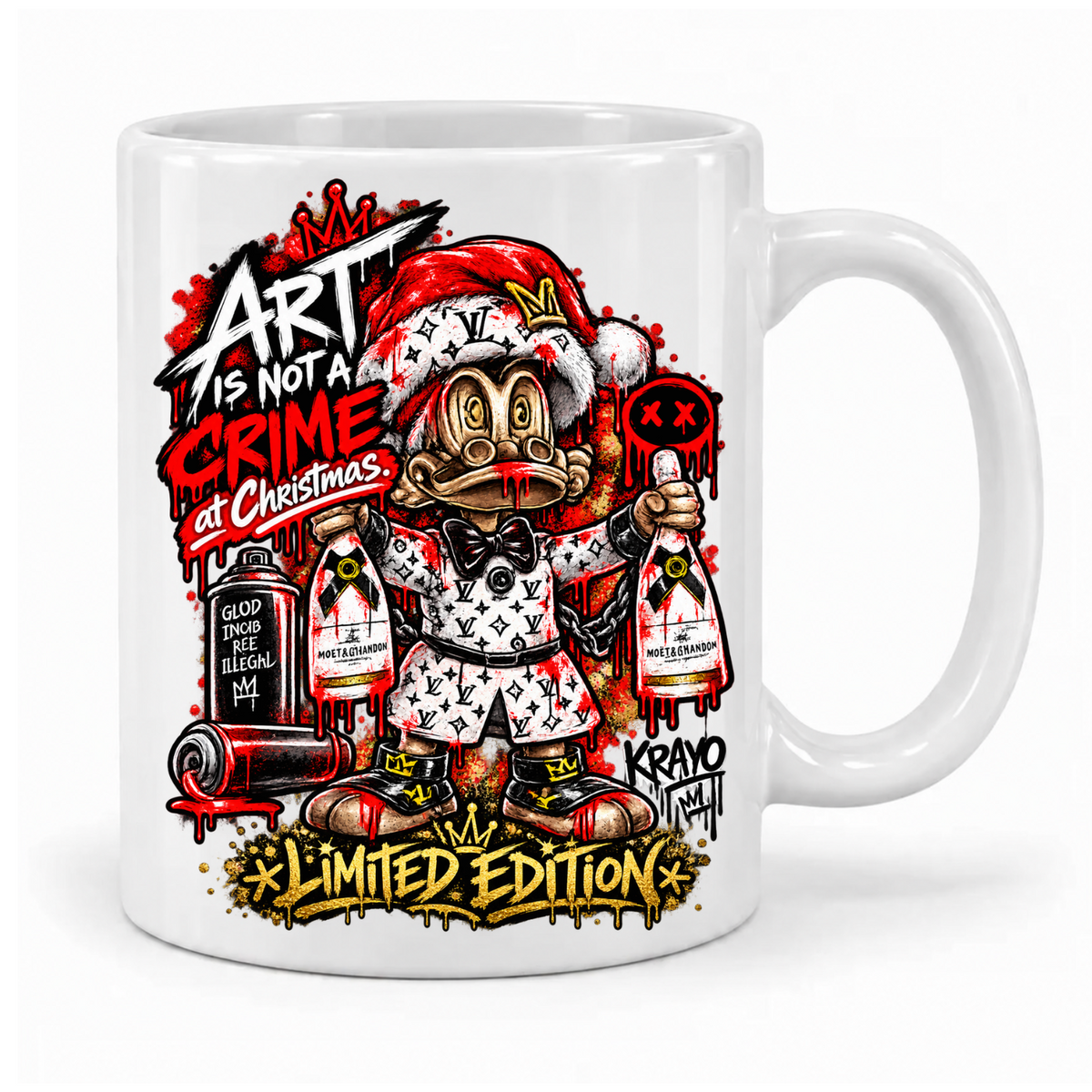 Weiße Krayo-Art-Tasse mit Weihnachtsmotiv „Art is not a Crime at Christmas“, Griff rechts
