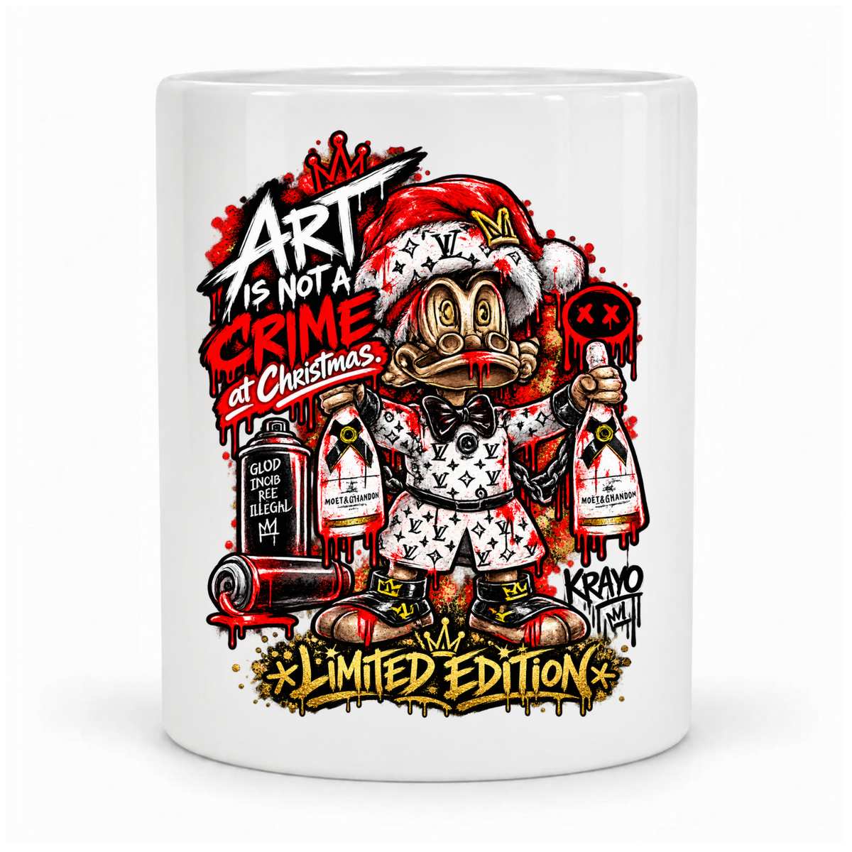 Weiße Krayo-Art-Tasse mit Weihnachtsmotiv „Art is not a Crime at Christmas“, Vor Kopf bedruckt