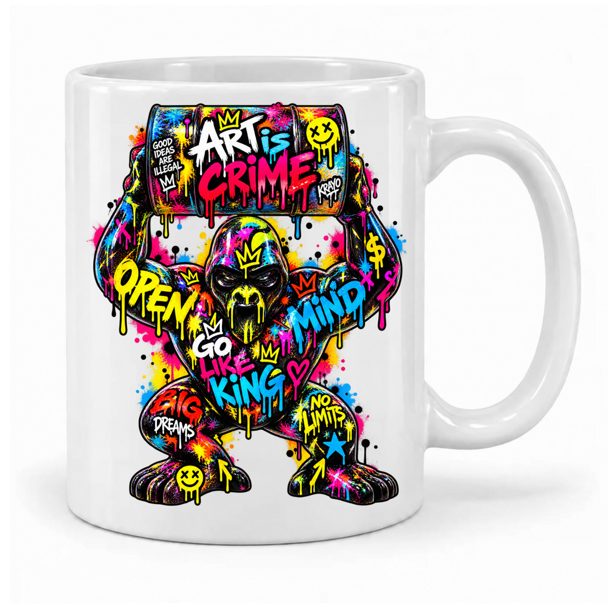 Weiße Krayo-Art-Tasse mit buntem Graffiti-Gorilla, der ein Fass mit „Art is Crime“ über dem Kopf hält, Griff rechts