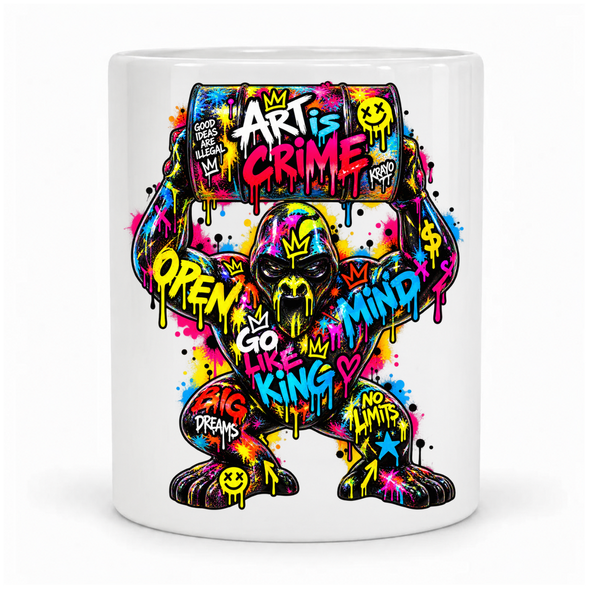 Weiße Krayo-Art-Tasse mit buntem Graffiti-Gorilla, der ein Fass mit „Art is Crime“ über dem Kopf hält, Vor Kopf bedruckt