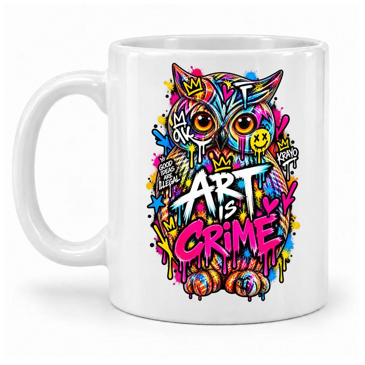 Weiße Krayo-Art-Tasse mit bunter Graffiti-Eule und Schriftzug Art is Crime, Griff links