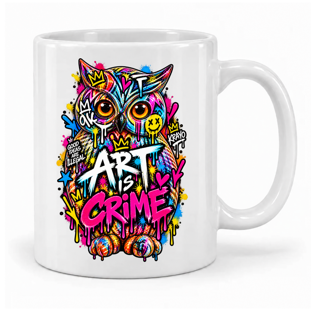 Weiße Krayo-Art-Tasse mit bunter Graffiti-Eule und Schriftzug Art is Crime, Griff rechts