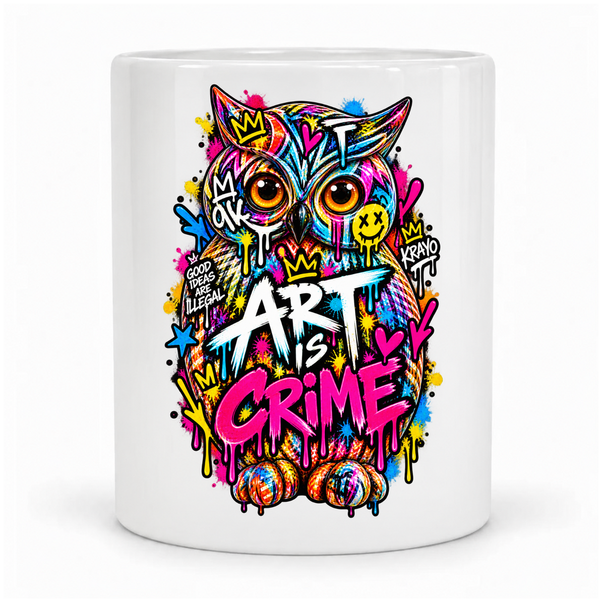 Weiße Krayo-Art-Tasse mit bunter Graffiti-Eule und Schriftzug Art is Crime, vor Kopf bedruckt