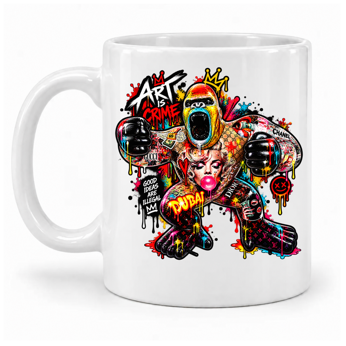 Weiße Krayo-Art-Tasse mit buntem Graffiti-Gorilla, Krone und Schriftzug „Art is Crime“, Griff links